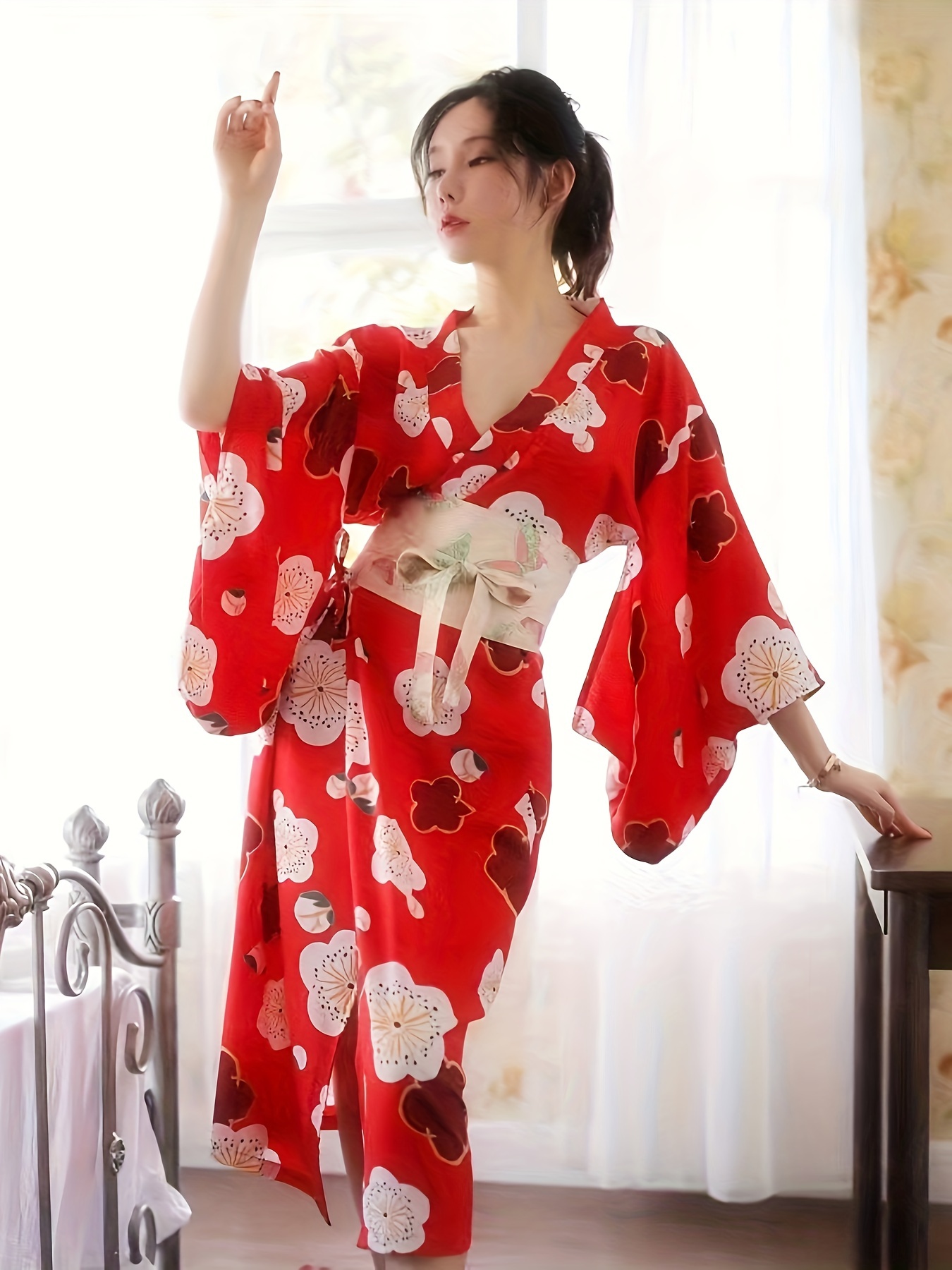 Japanese Kimono Costume Sexy Floral Robe Deep V Semi Sheer Lingerie