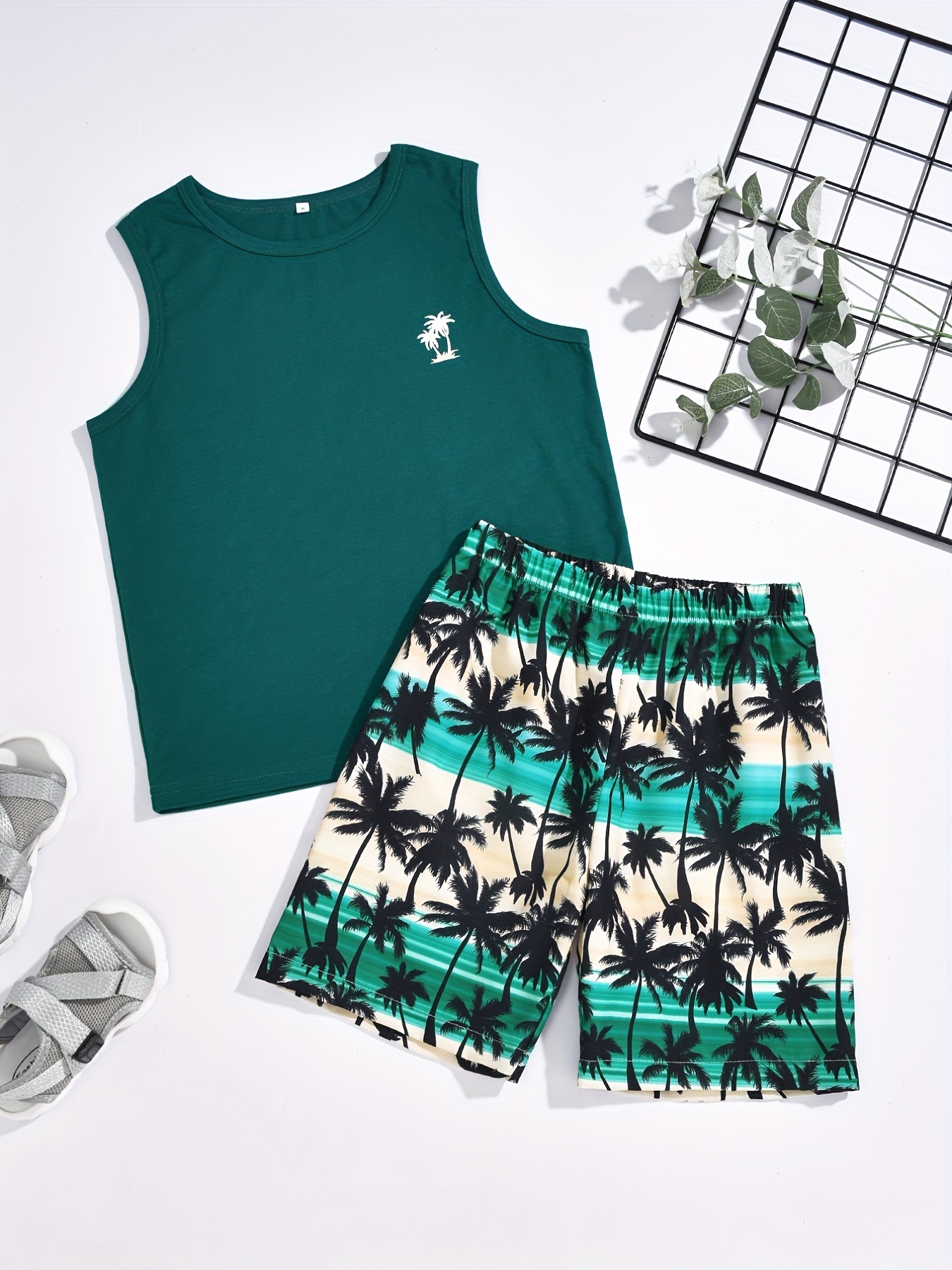 Boys Coconut Tree Print Tank Top Matching Shorts Kids Clothes Summer ...