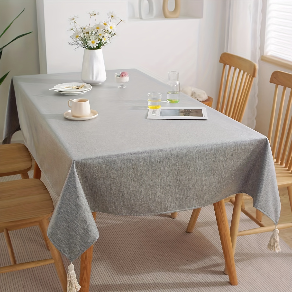 Solid Color Linen Farmhouse Style Tablecloth Beige Fringed - Temu