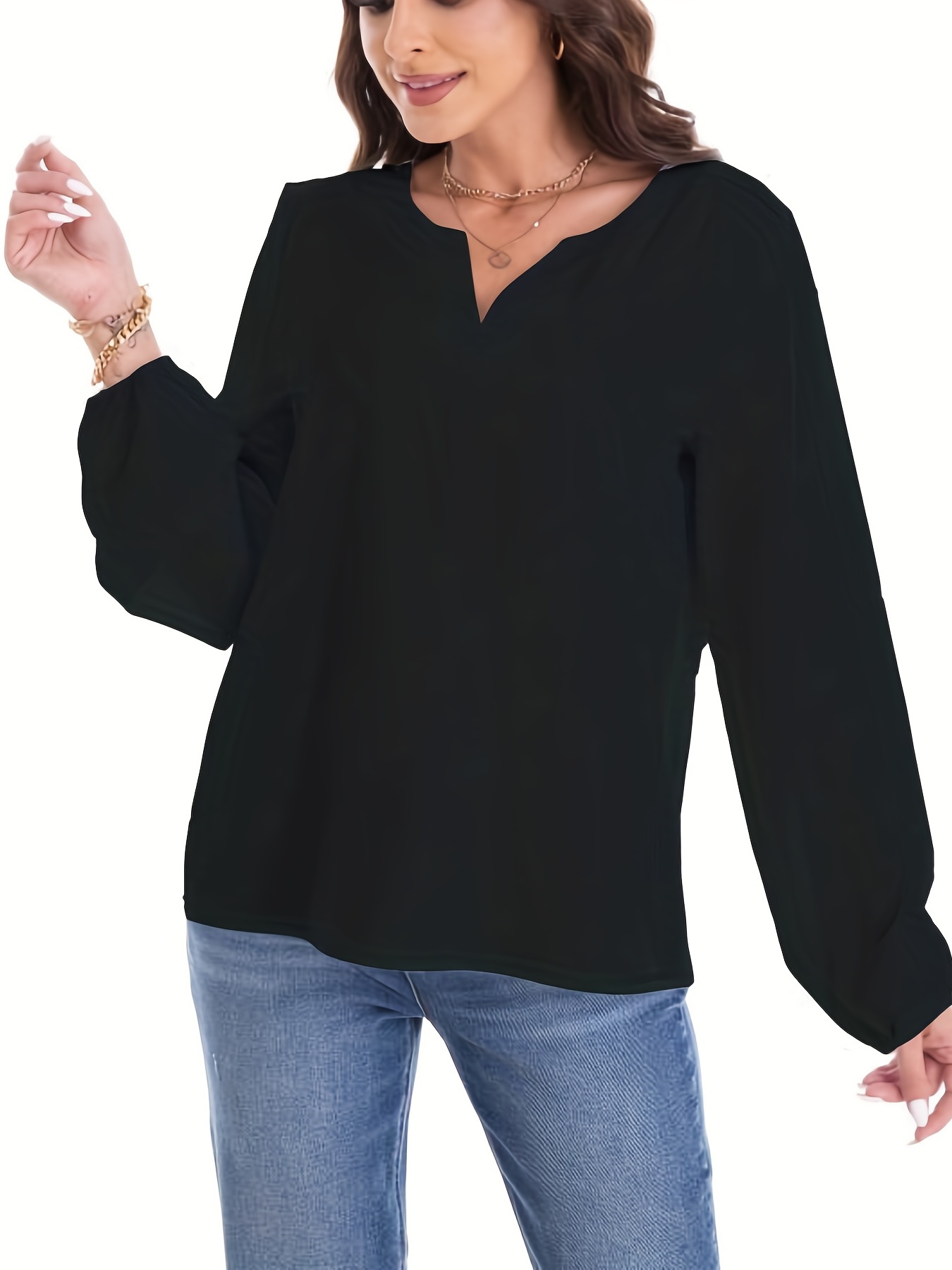 Solid Notched Neck Simple Blouse, Casual Long Sleeve Comfy Blouse For  Spring & Fall, Women's Clothing