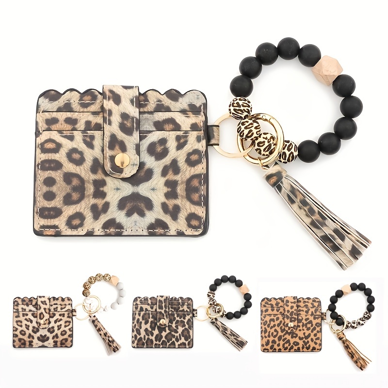 Keychain Wallet, Wristlet Car Keychain Bracelet Wallet, Women Cute Key Chain,  Silicone Bead keyring Bangle for Women, Leopard 