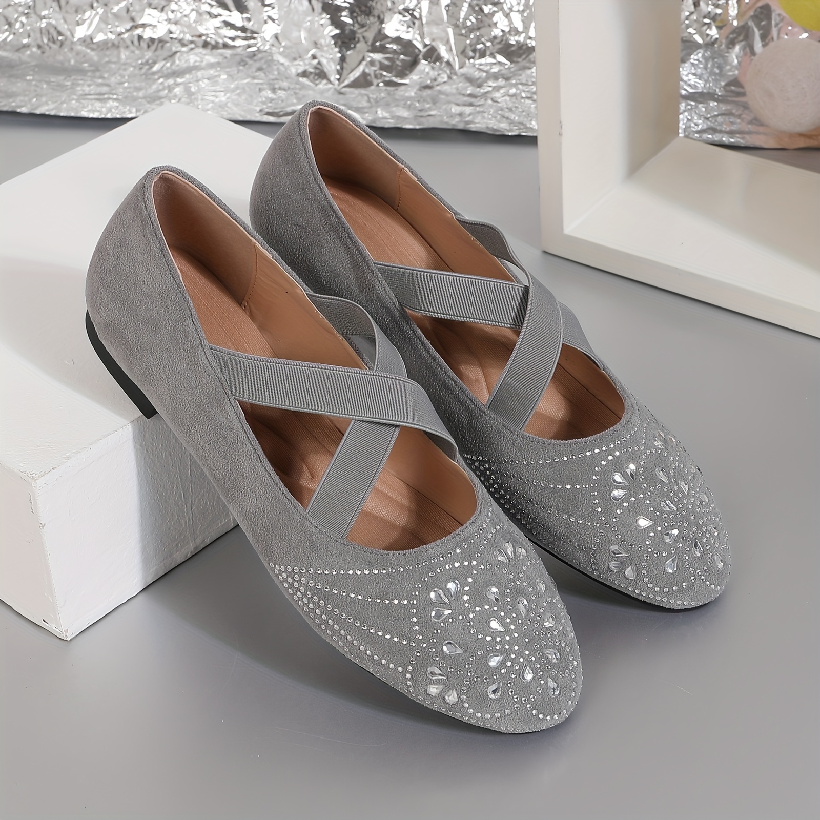 Women's Elastic Crisscross Band Ballet Flats, Rhinestone Decor Slip On  Shoes, Comfy Micro Suede Flat Shoes