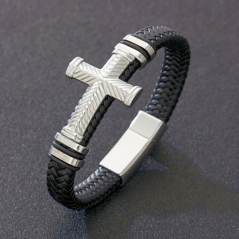 Men Leather Cross Bracelet Silver Cross Bracelet Religious 