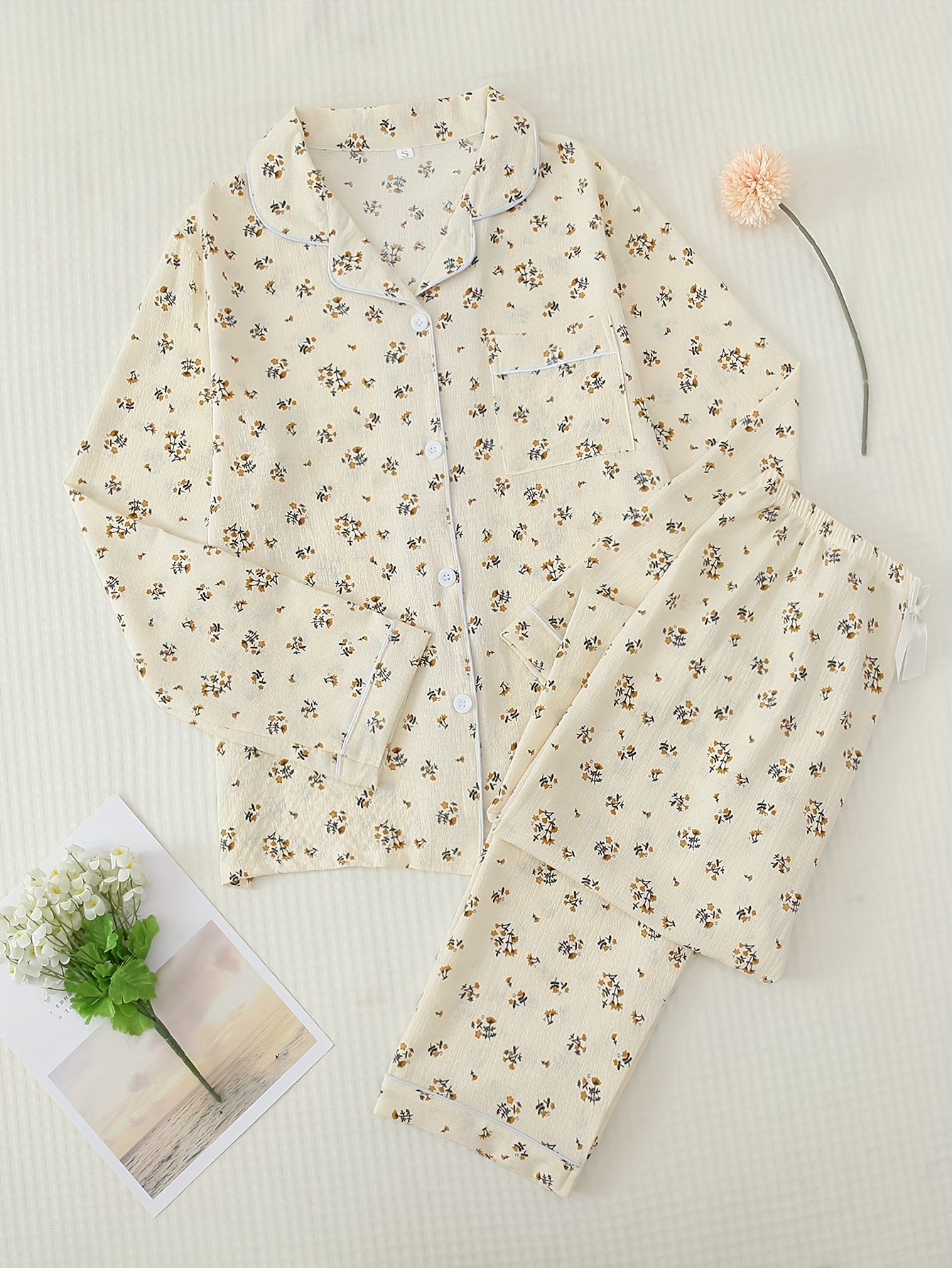 Soft Floral Pajamas Set, Lightweight Button Up Blouse Pajama Top & Elastic  Waistband Pajama Pants, Women's Loungewear & Sleepwear