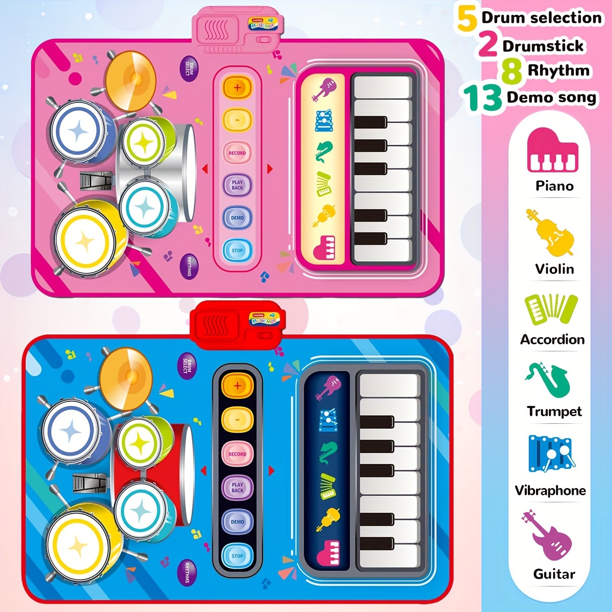 Juguetes para bebés para niños y niñas de 1 año, juguetes musicales 2 en 1,  piano para niños pequeños y alfombra de tambor electrónico con 2 palos,  manta de piso de aprendizaje