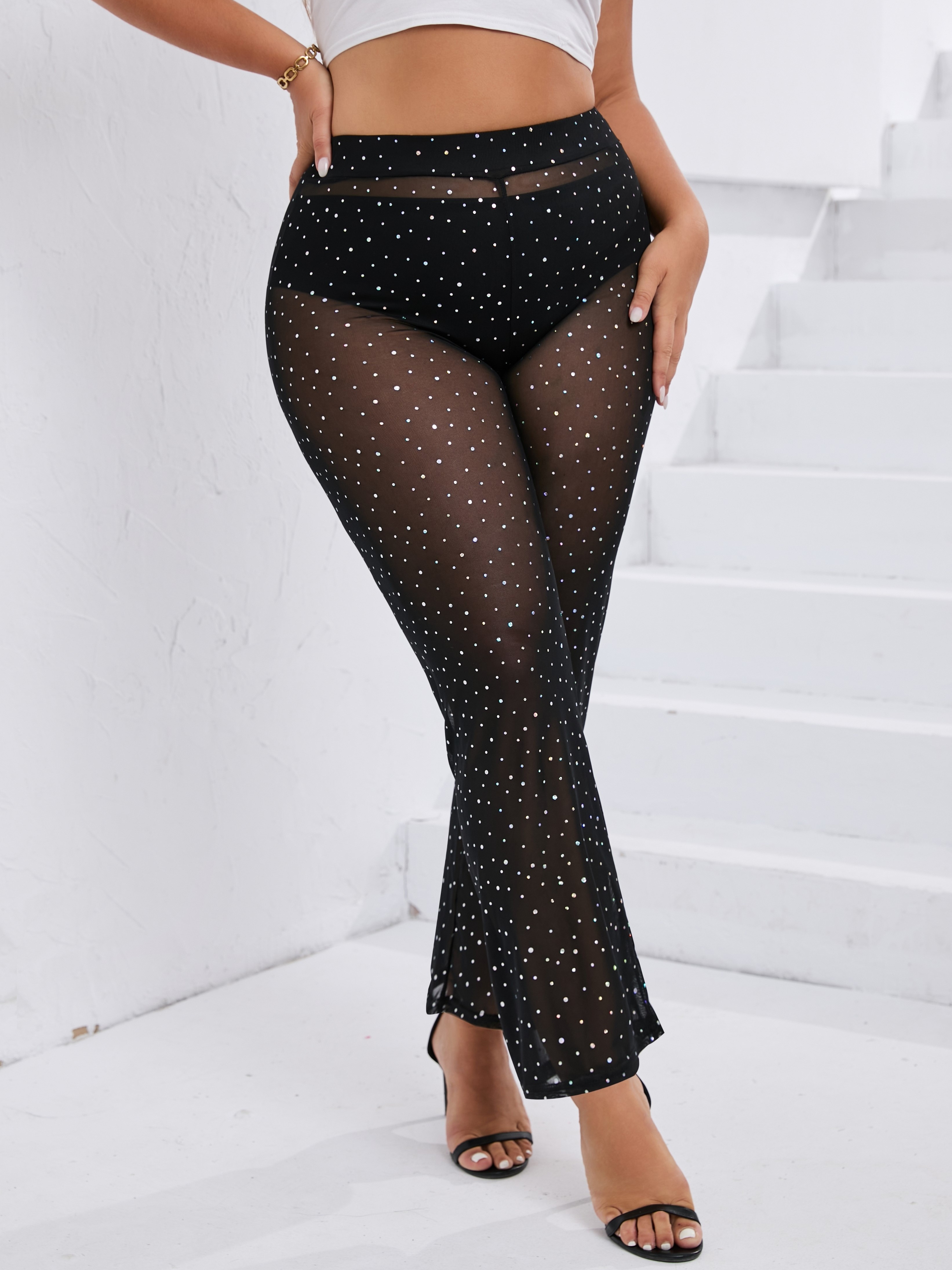 Plus Size Punk Pants, Women's Plus Star Print High Rise Semi Sheer Flared  Leg Pants