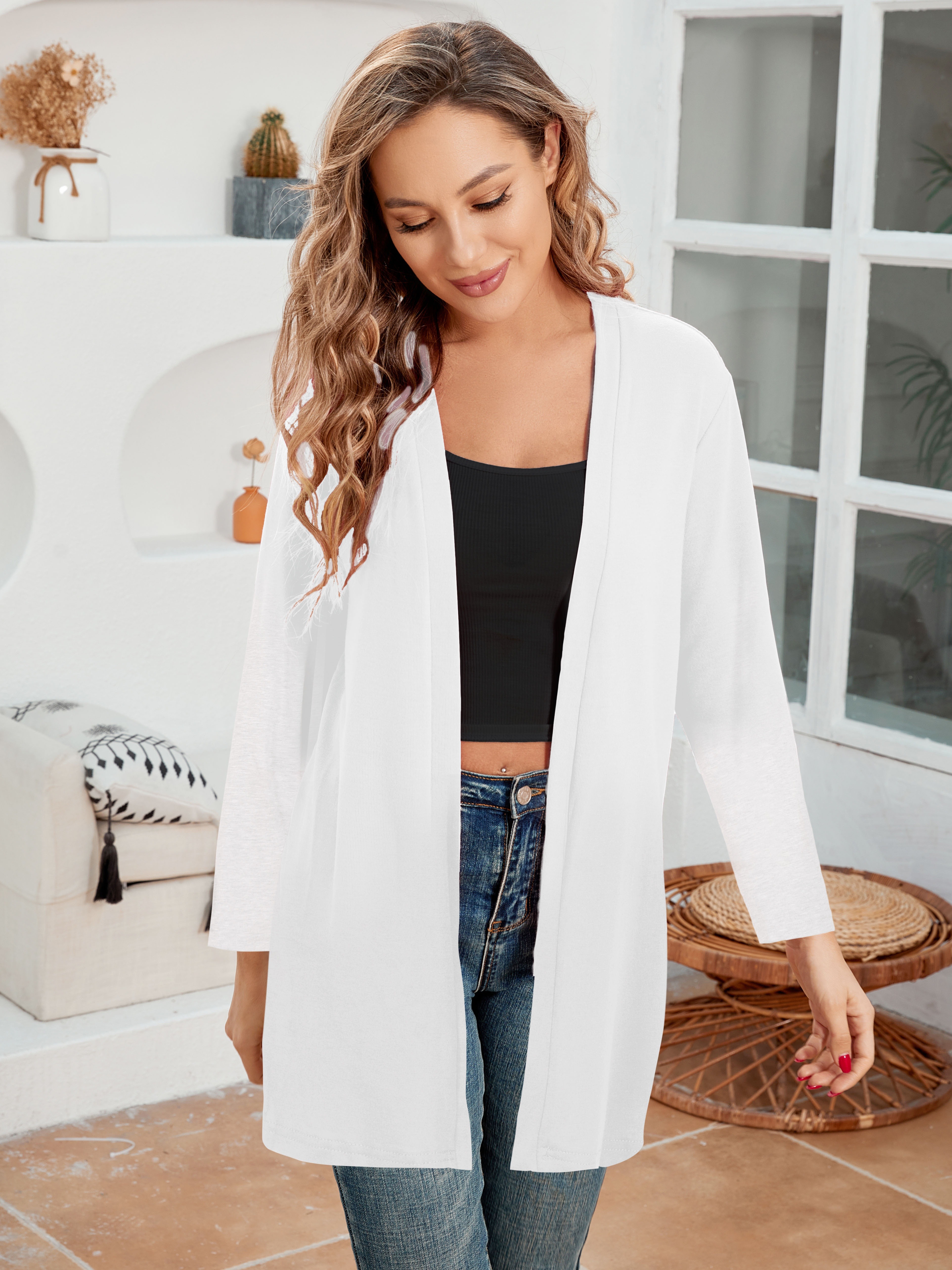 Solid Open Front Cardigan Elegante Cardigan A Maniche Lunghe