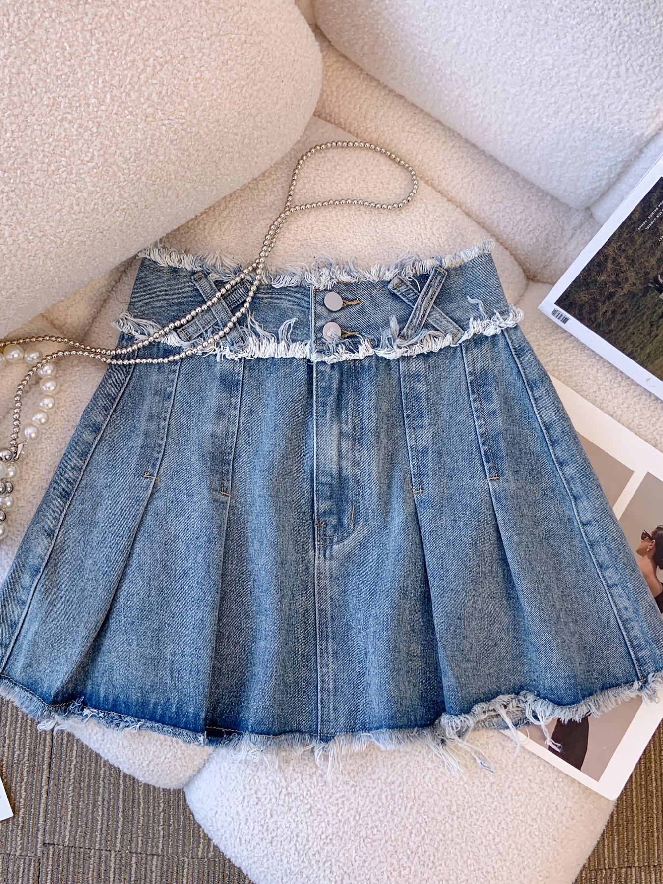 Pleated Double Button Cross Denim Skirt