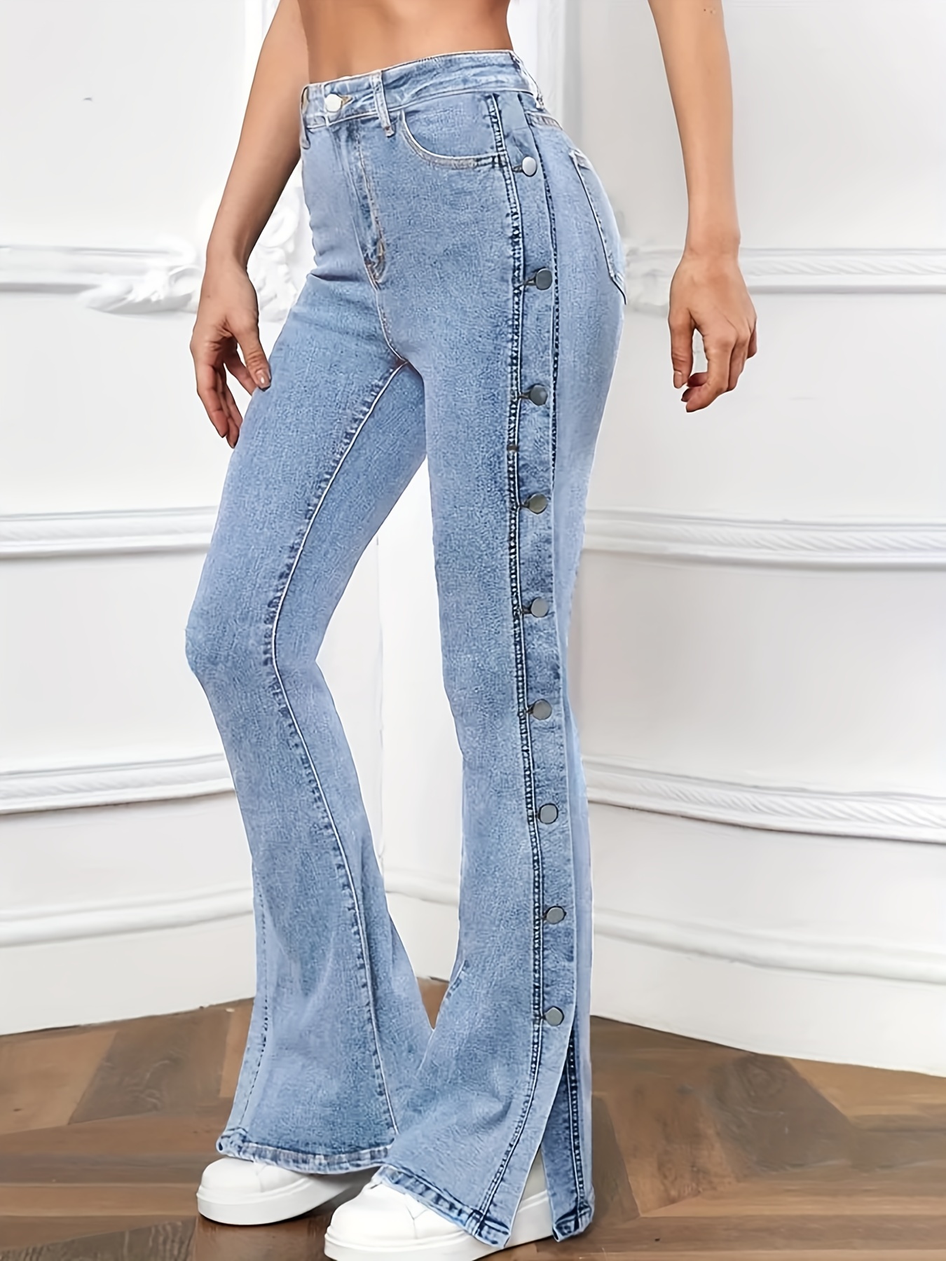 Jeans feminino de cintura alta cor sólida bolsos altos - Temu Portugal