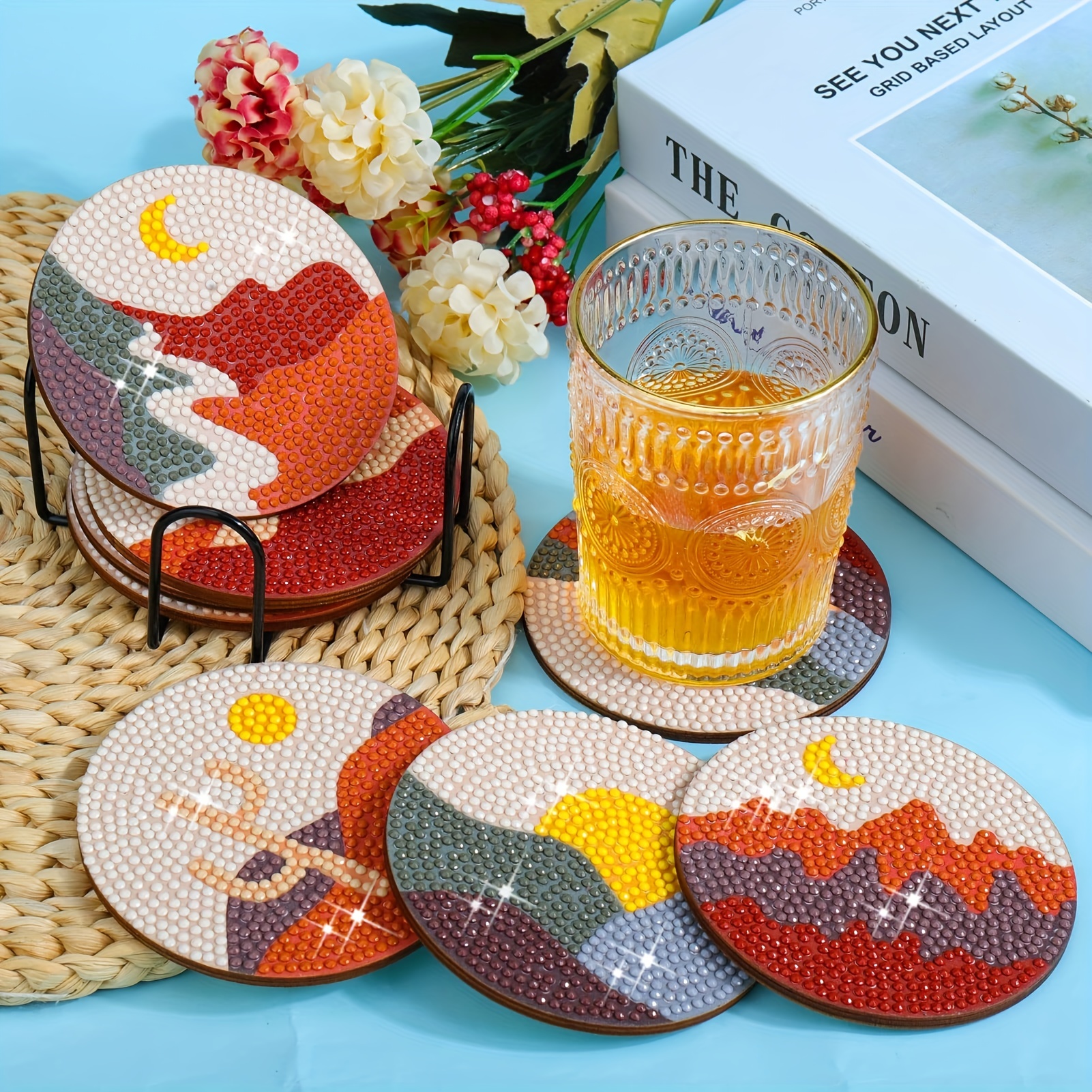 UPINS 8Pcs Boho Diamond Painting Coasters for Drinks DIY Coaster