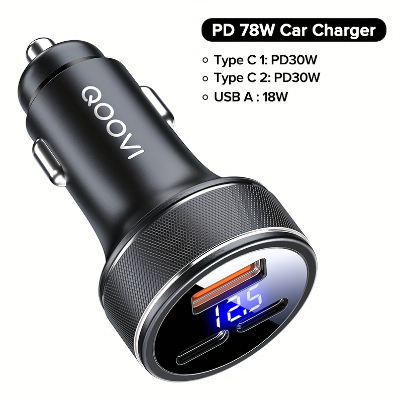 78W 3-Ports Car Charger PD USB Type C QC3.0 Phone Charger Fast Charging For  IPhone 14/Xiaomi/ /IPad Laptops Tablets