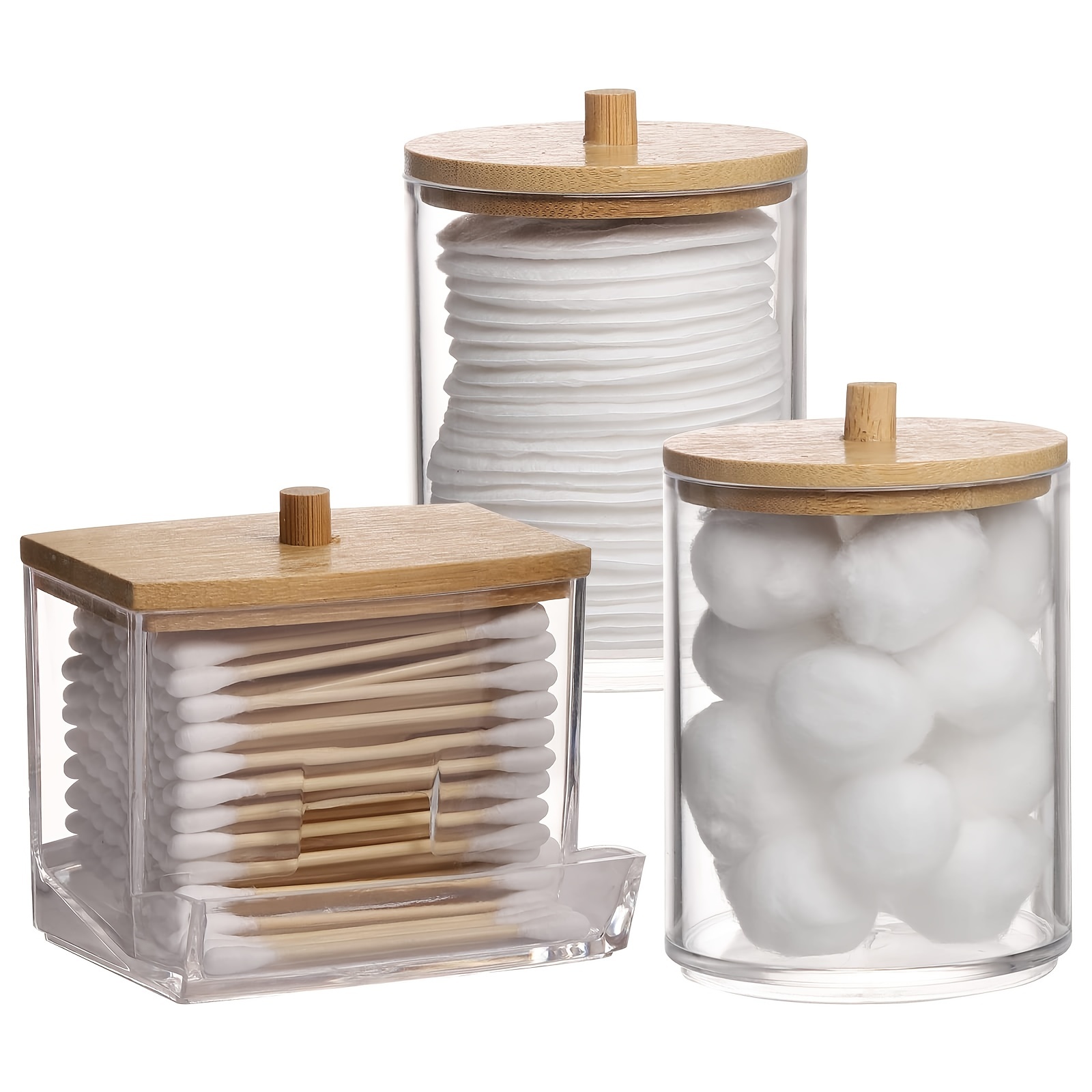 

1pc/3pcs Dispenser For Cotton Ball, Cotton Swab Cotton Round Pads Floss 7/10 Oz Clear Plastic Apothecary Jar Set, Bathroom Canister Storage Box, Vanity Makeup Organizer With Wood Lids