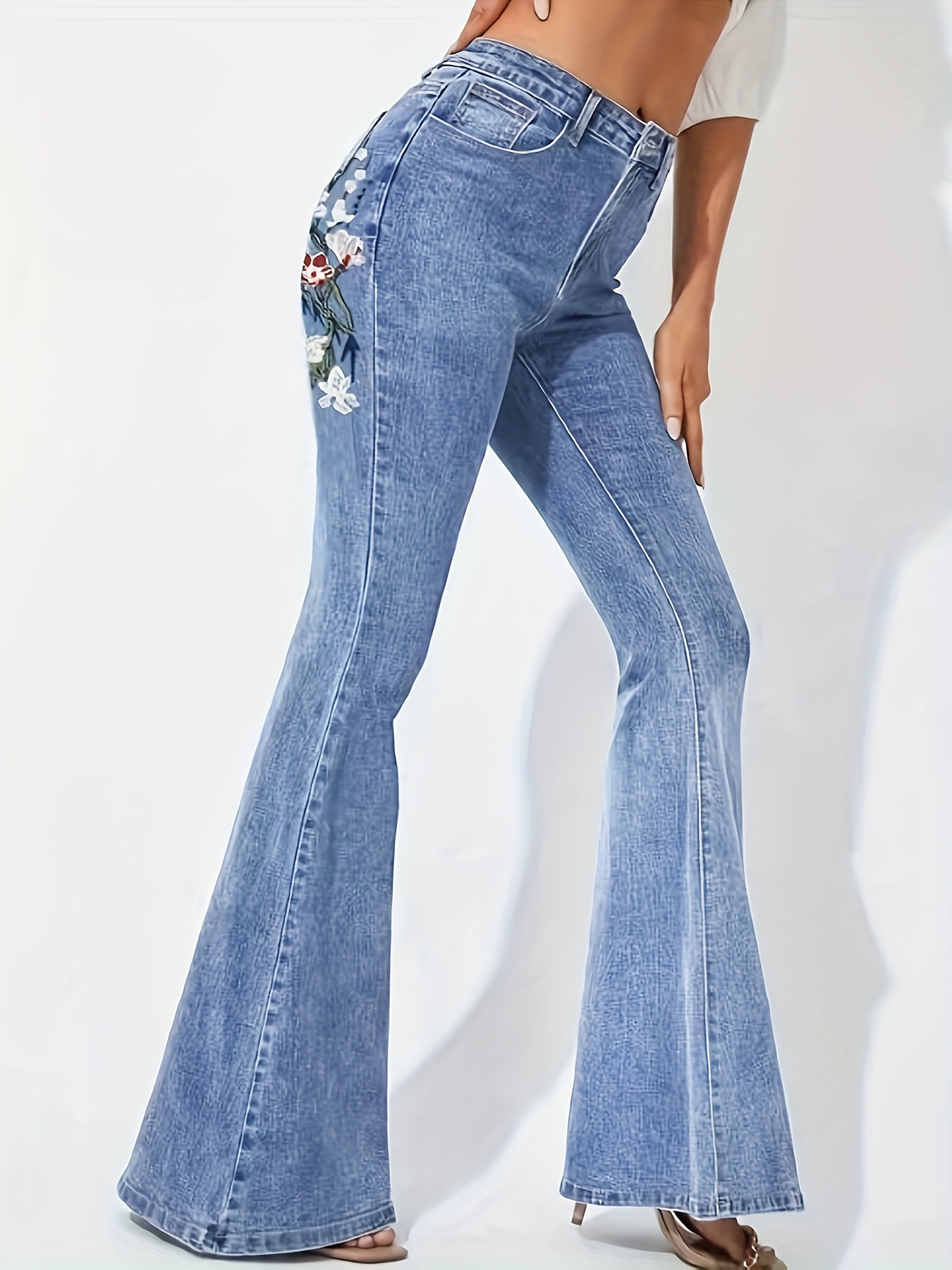 Floral Embroidered Decor Flare Jeans Slant Pockets High - Temu United  Kingdom