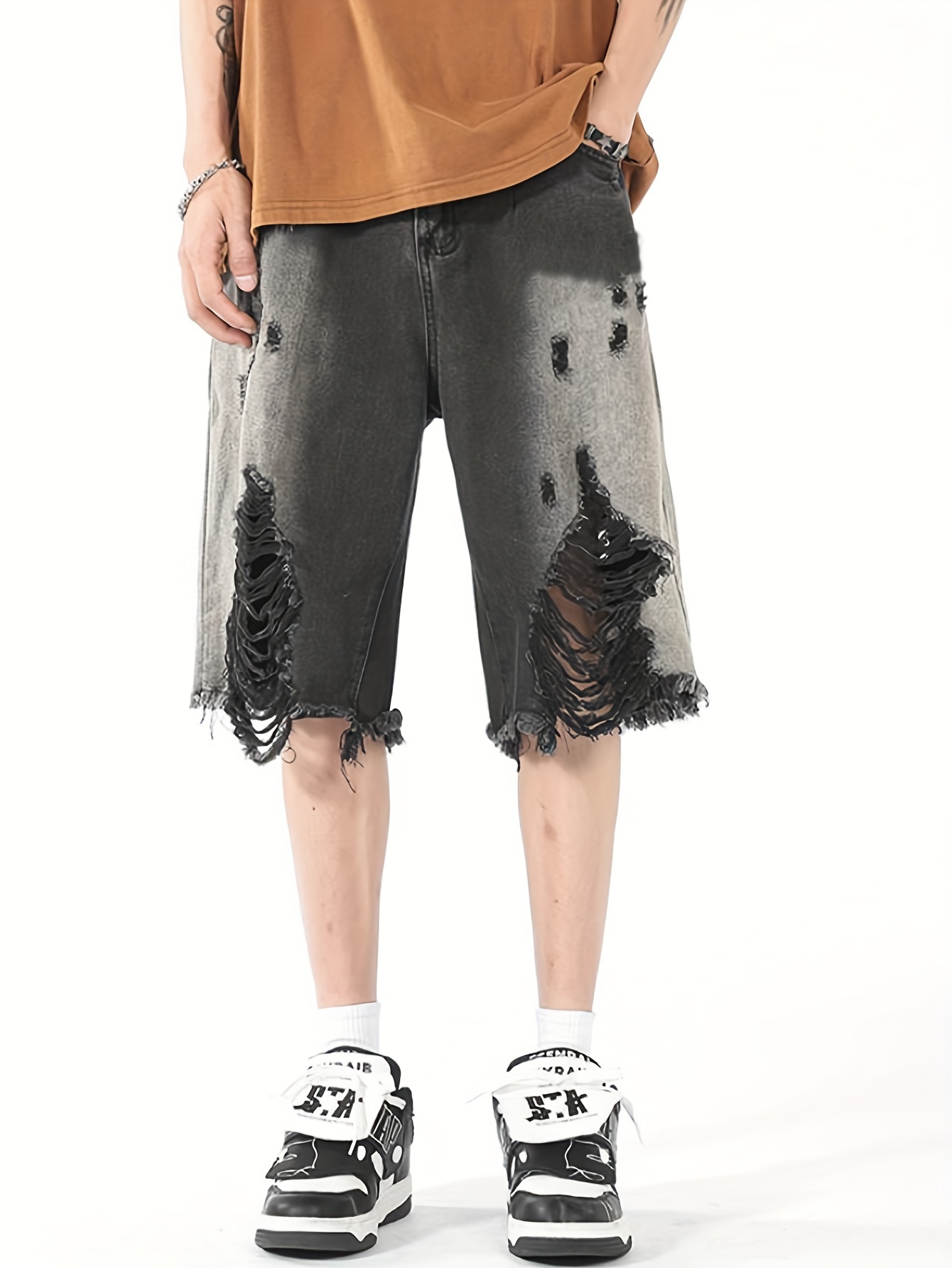 Street Style loose fit Denim Shorts, Men's Casual Street Style Embroidery  Capri Pants