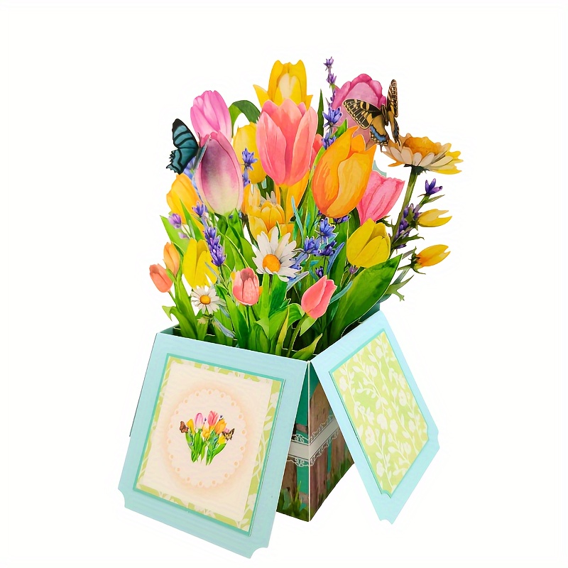 

1pc, Flower Tulip Pop Up Box Card, 3d Greeting Card For Spring, Easter, Mother's Day Birthday, Valentine's Day, Anniversary, Thanksgiving, Christmas, Thank You Card With Small Note Card