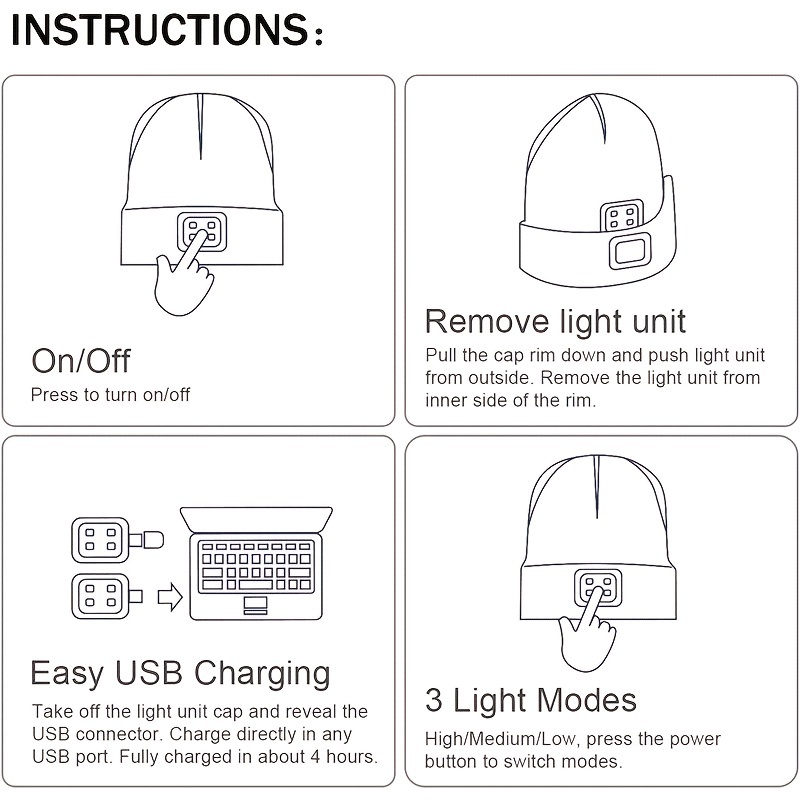 Unisex Beanie Hat With Led Light 4 Led Usb Rechargeable - Temu Canada