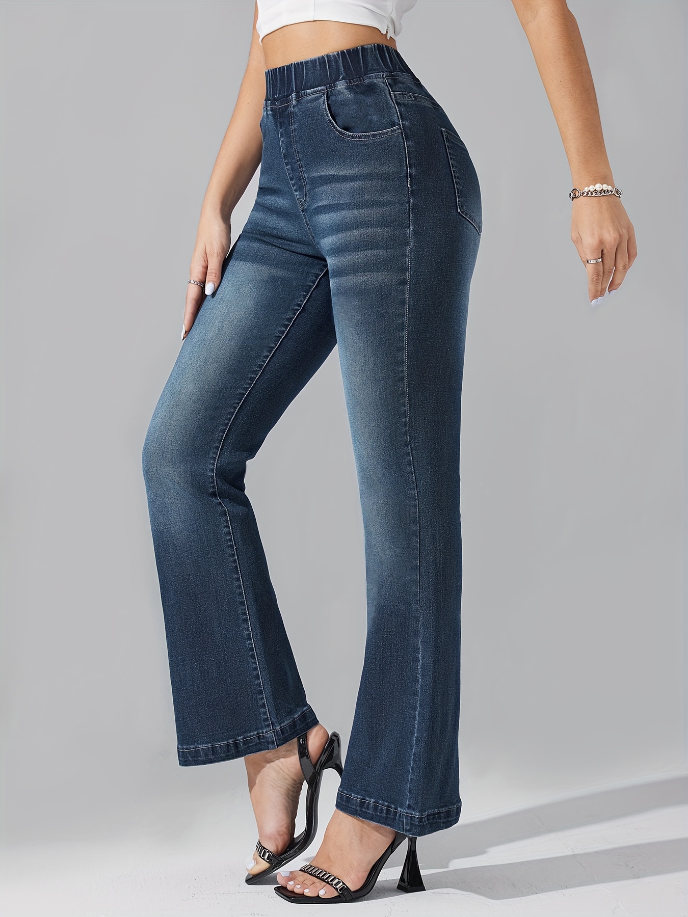 Elastic waist bell bottom hot sale jeans