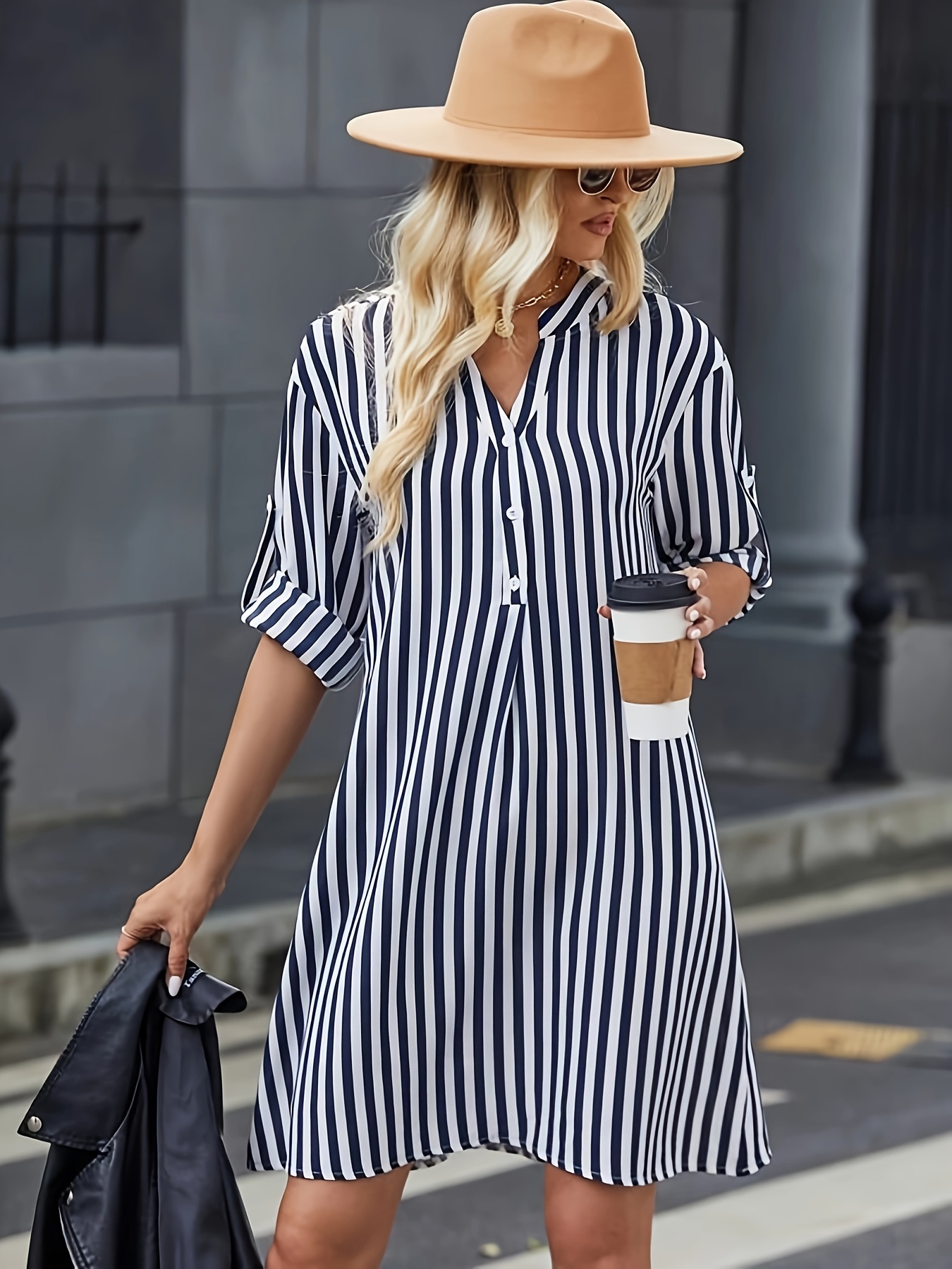 striped print notched neck dress casual long sleeve button front dress for spring fall womens clothing details 2