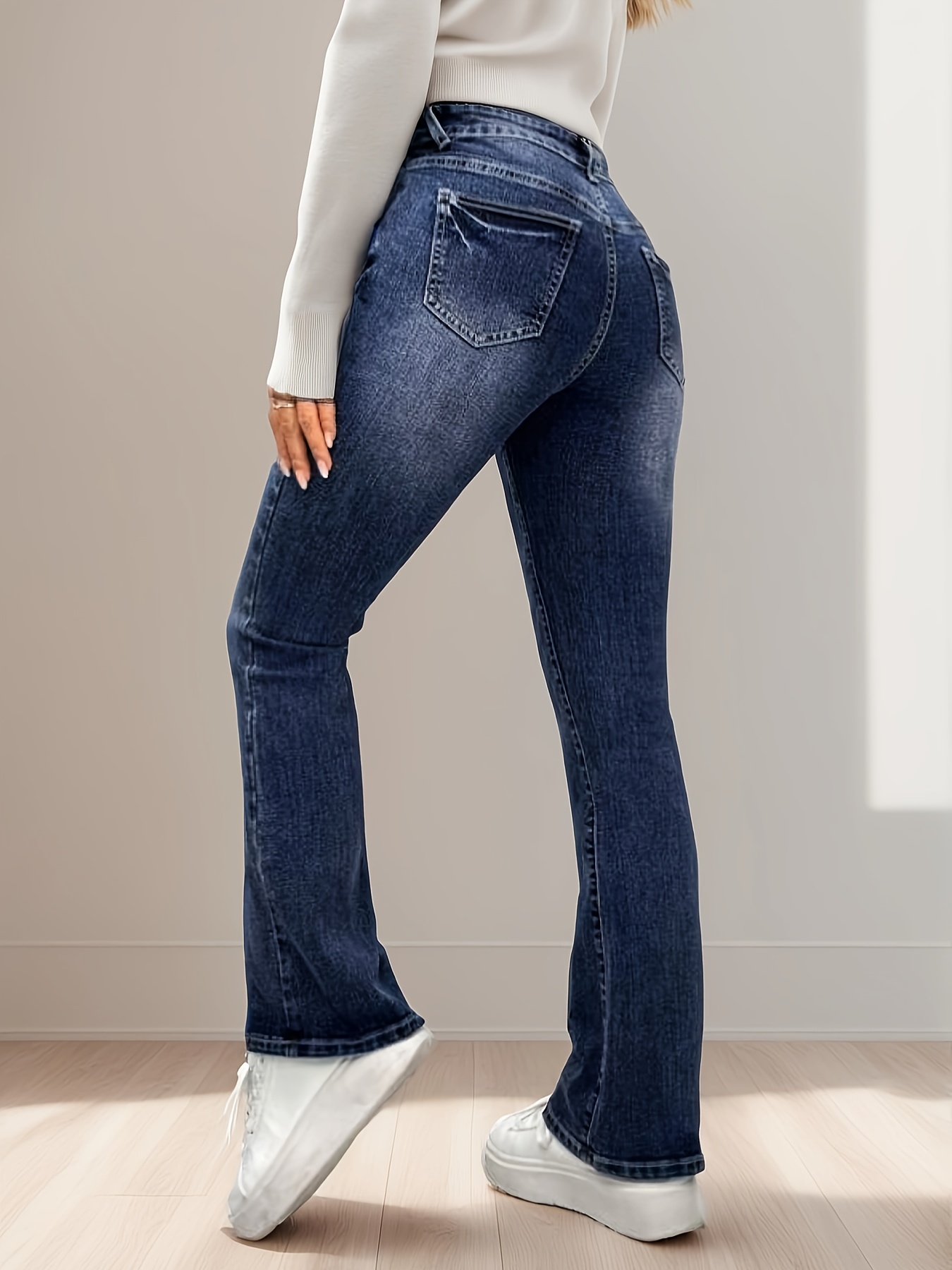 Fleece Liner Casual Flare Jeans Slant Pockets High Stretch - Temu