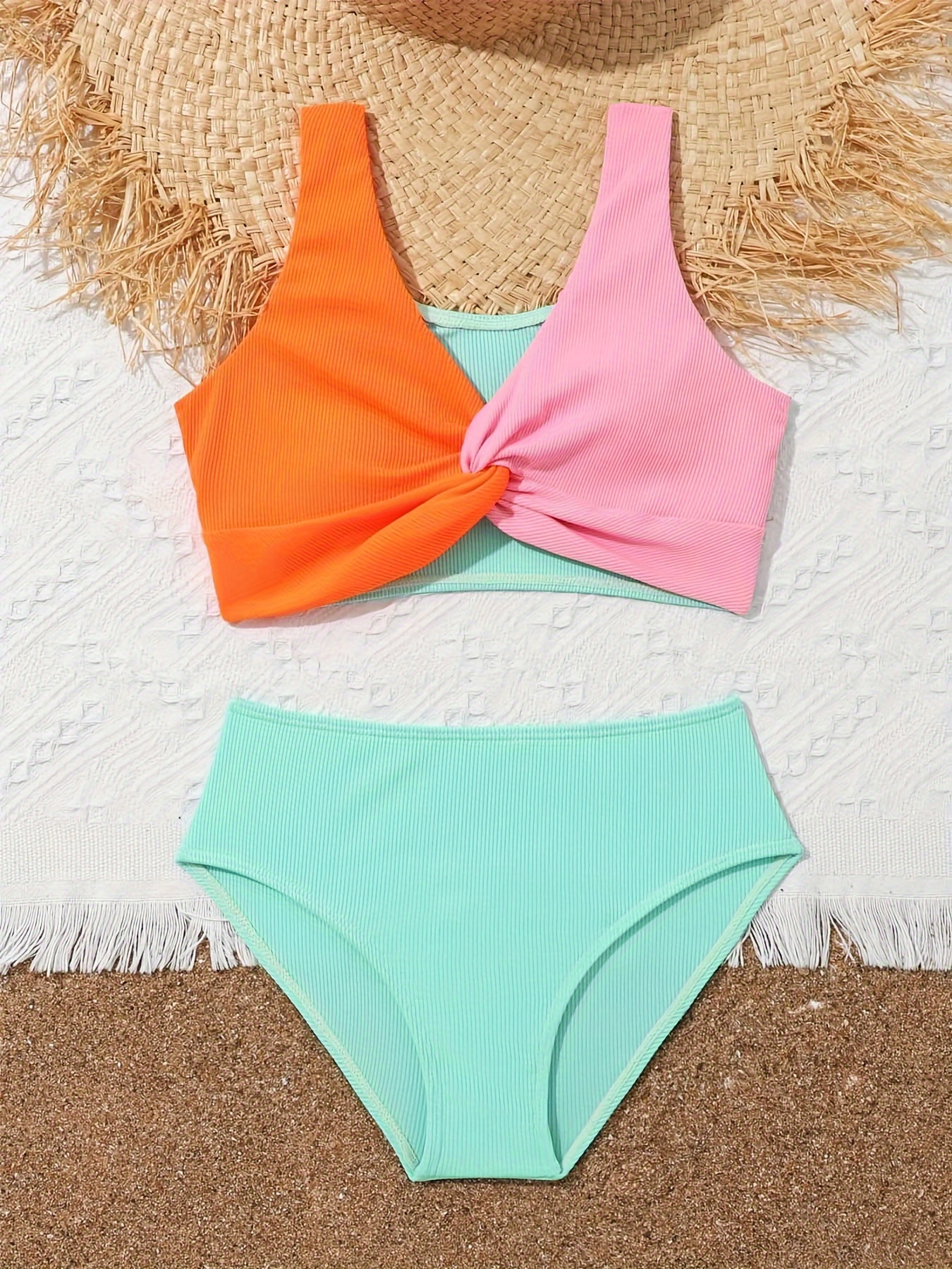 Trendy Girls Splicing Bikini Swimsuit Comfy Colorblock - Temu