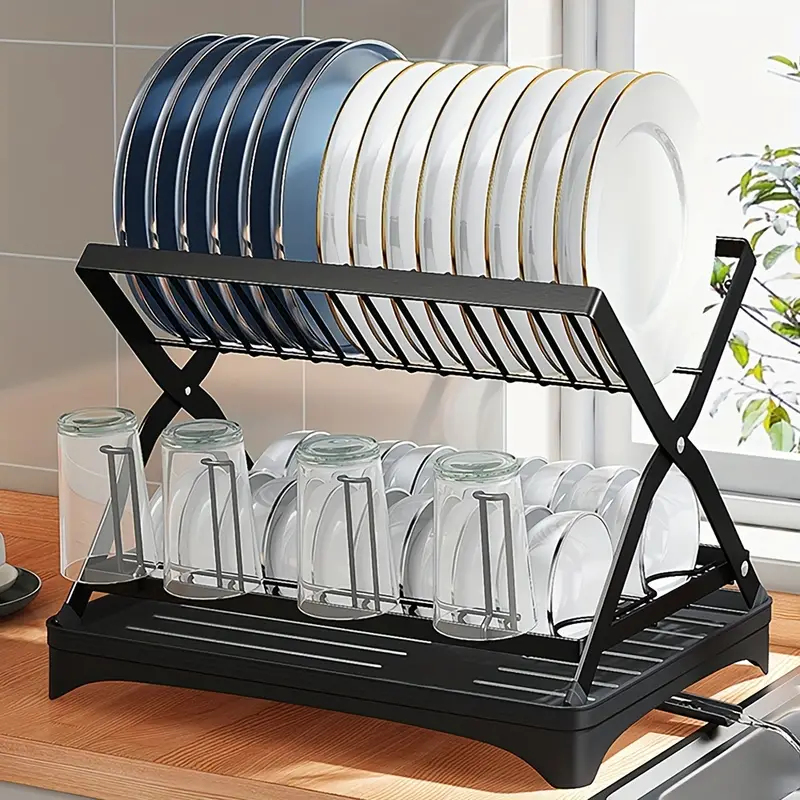 Dish Drying Rack, Dish Rack For Kitchen Counter, 2-tier Dish Drainer With  Glass Holder And Utensil Holder, Metal Dish Drying Rack With Drainboard,  Kitchen/bathroom Countertop Organizer, Kitchen Accessories, Black - Temu