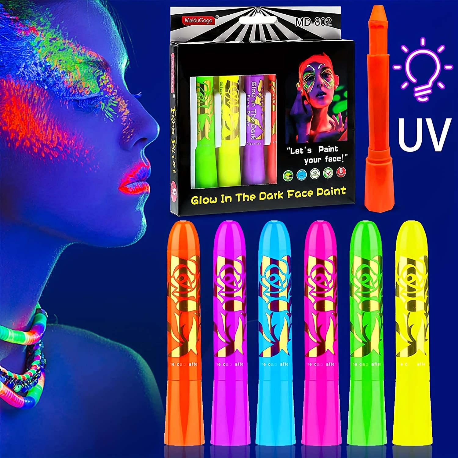 Glow In The Dark Paint, Glow In The Dark Face Body Paint Glow Sticks Makeup  Face Painting Kits For Adult, Neon Face Paint Crayons Uv Crayons Kit For  Halloween And Parties,christmas,carnival Makeup