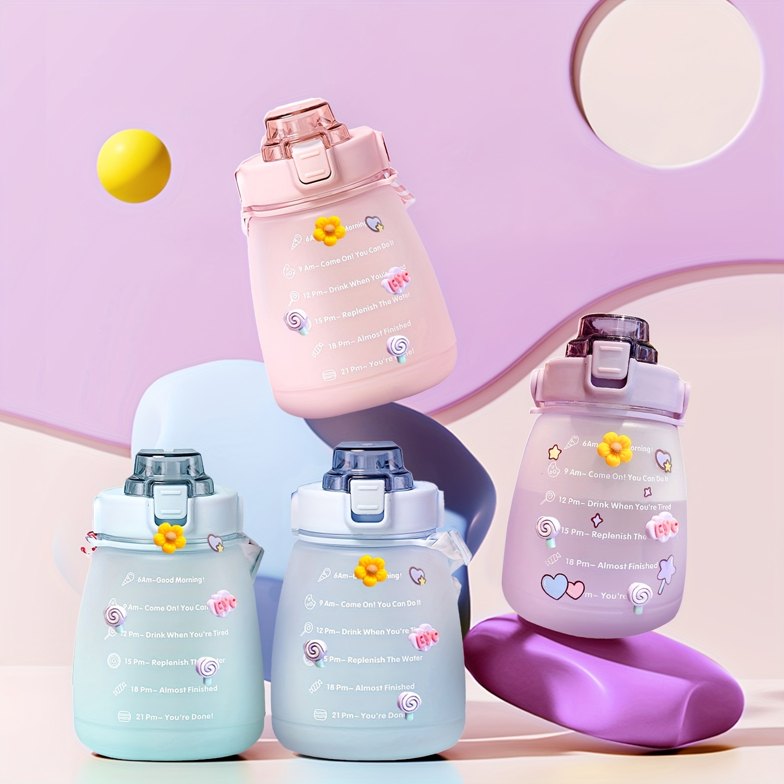 1300ml Drinking Water Bottle with Stickers Straw Cute Big Belly