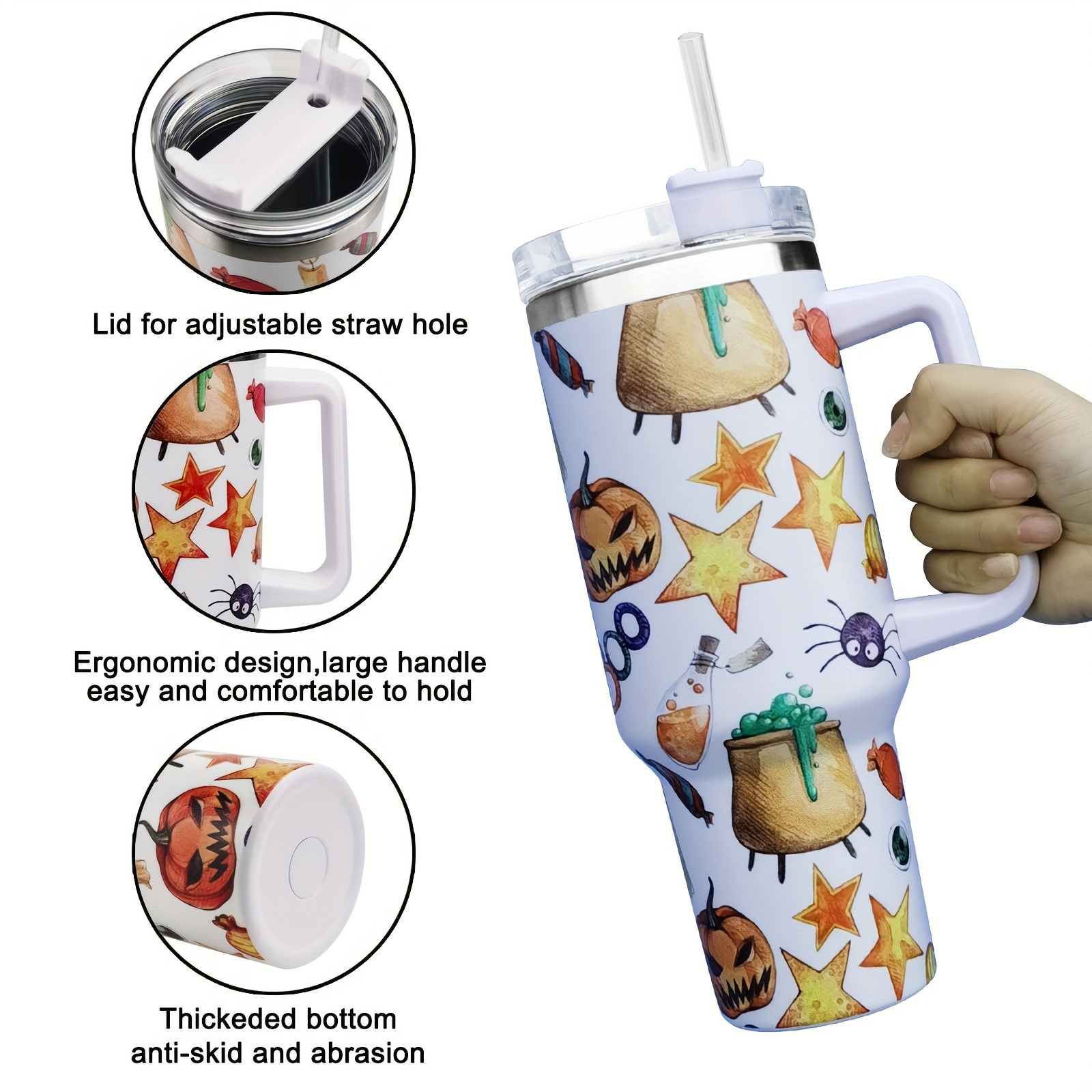 Halloween Theme Tumbler Cup With Handle And Straw Lid Double - Temu