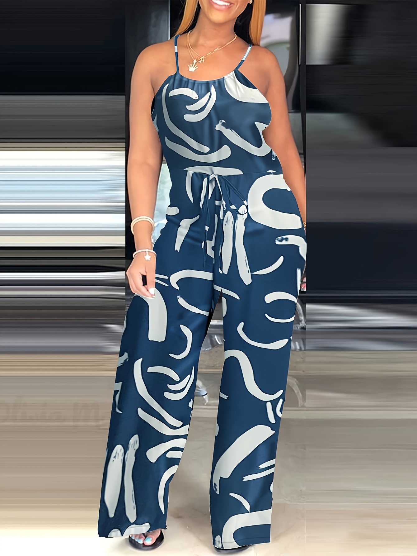 Abstract Print Spaghetti Strap Jumpsuit Casual Drawstring - Temu