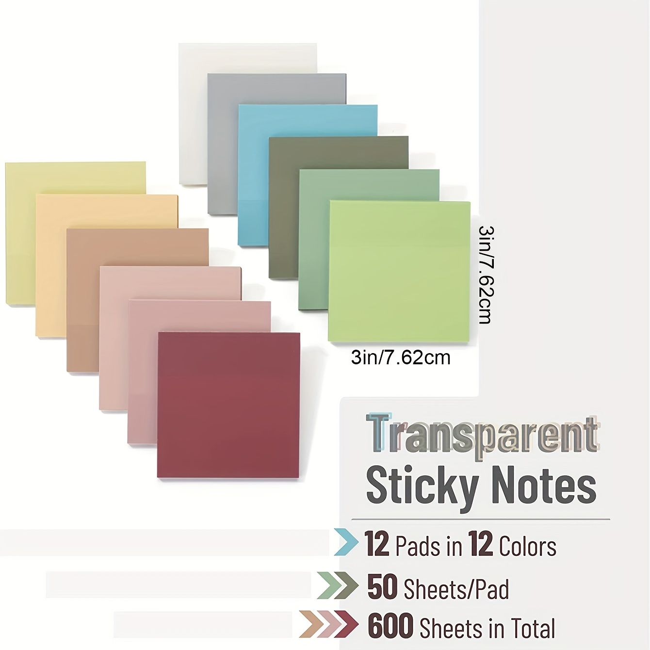 3x3 Transparent Sticky Notes, Self-Stick Pads with 600 Sheets Each (12  Pack)