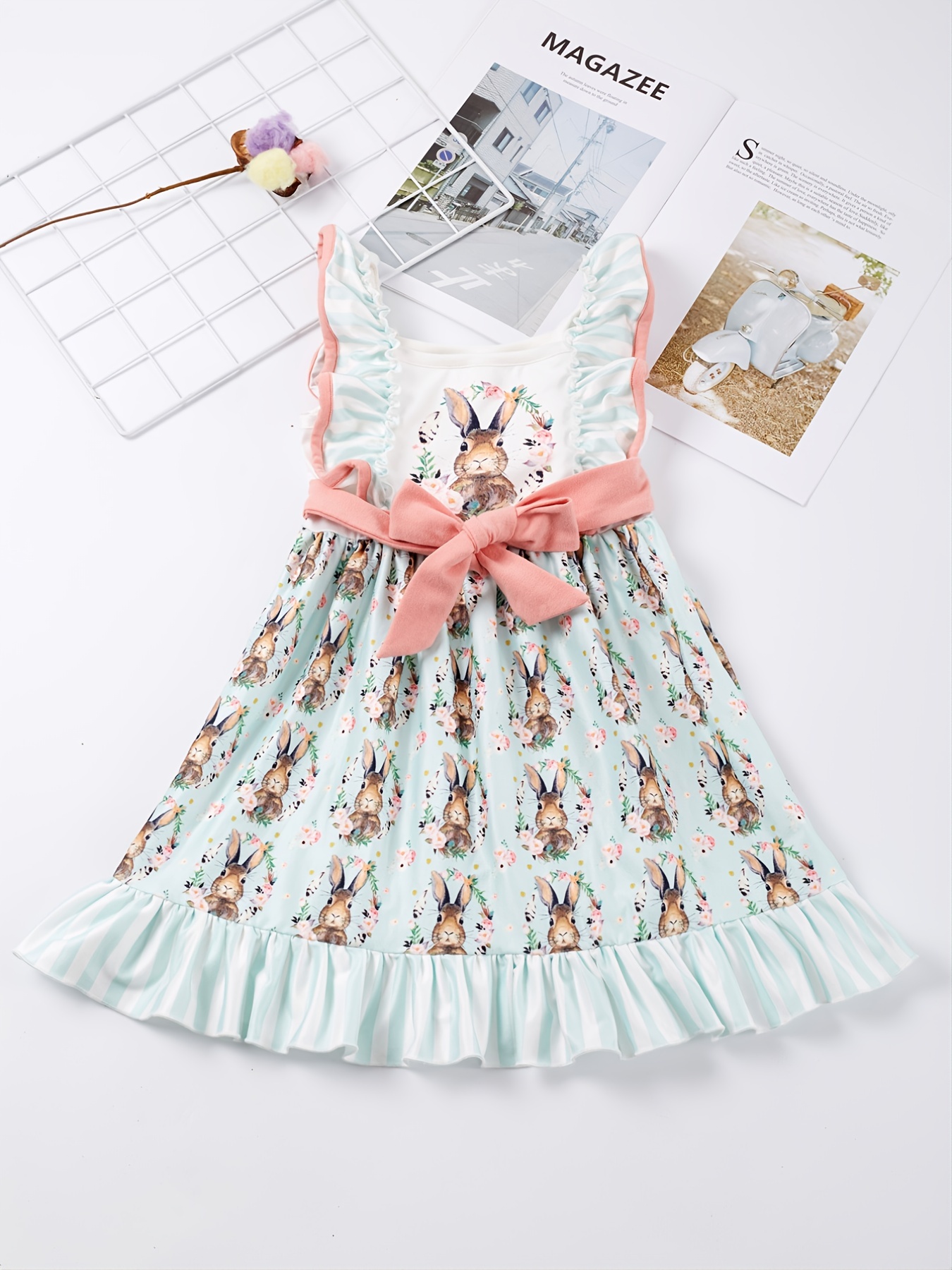 Easter Cartoon Rabbit Printed Princess Dress for Toddler Baby Girls Cute  Sleeveless Pleated Flowy Party Dress with Bowknot Headband Sets