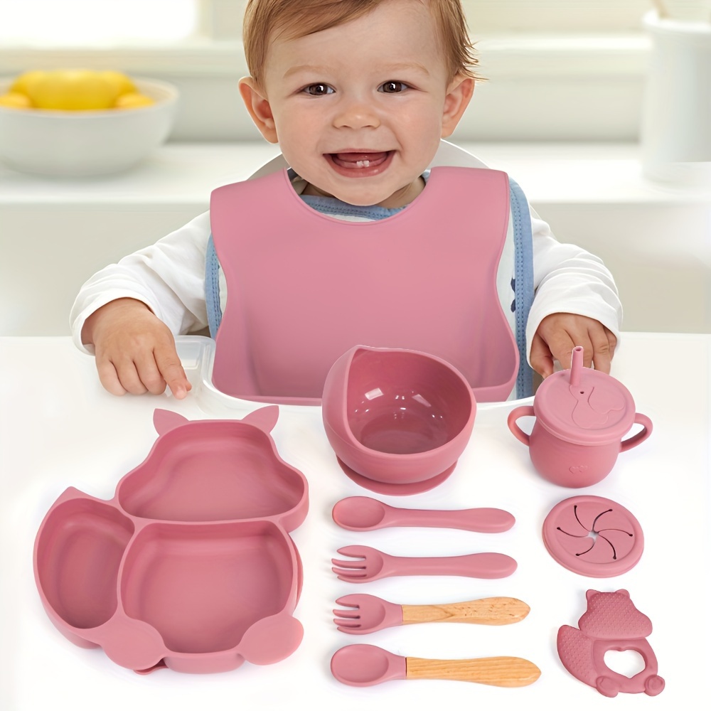  Juego de 8 piezas de alimentación para bebés, juego de vajilla  de silicona de grado alimenticio, juego de cubiertos y platos de ardilla  para bebé, juego de vajilla antideslizante para bebés