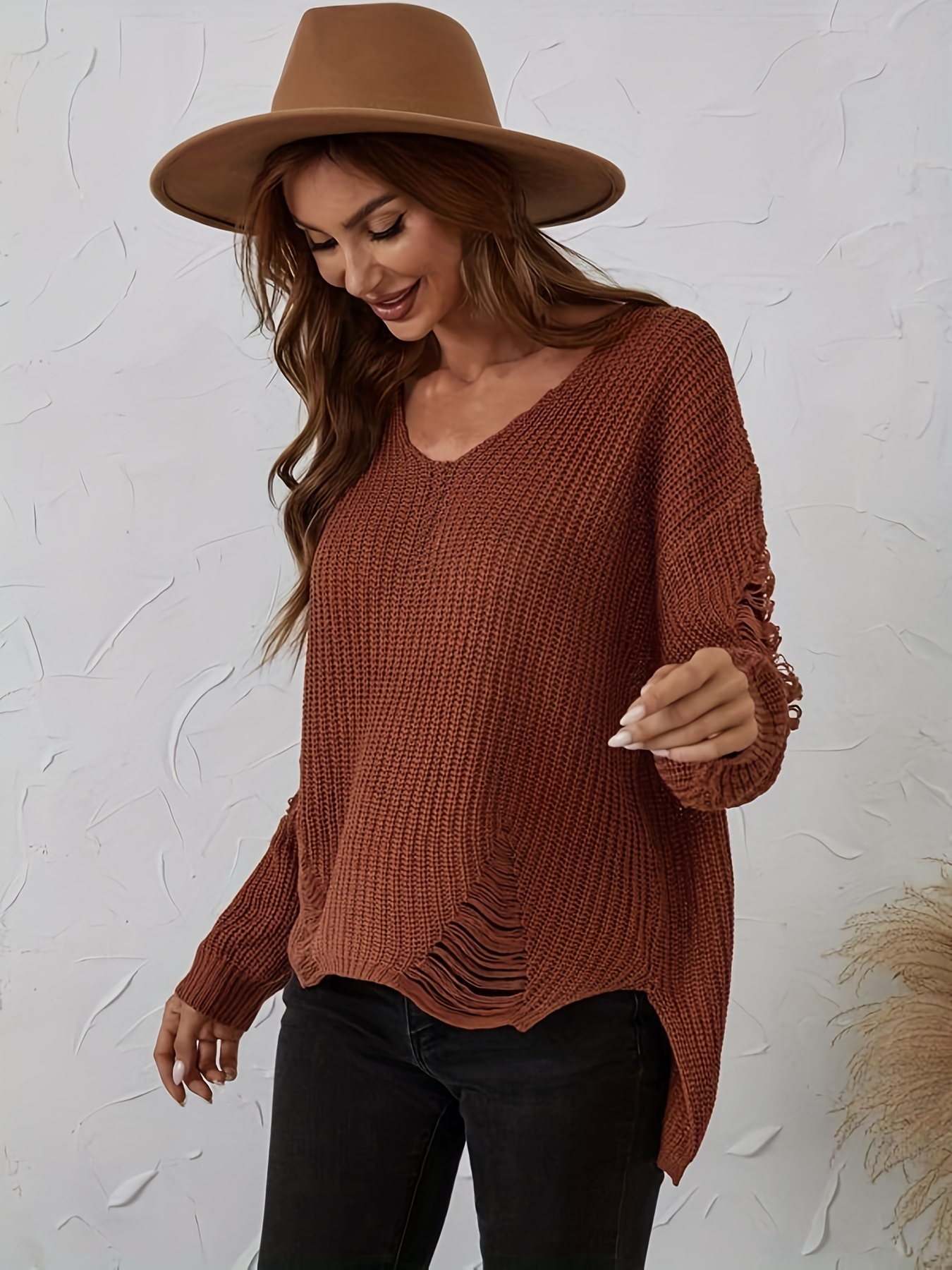 Loose ripped v neck sweater sales