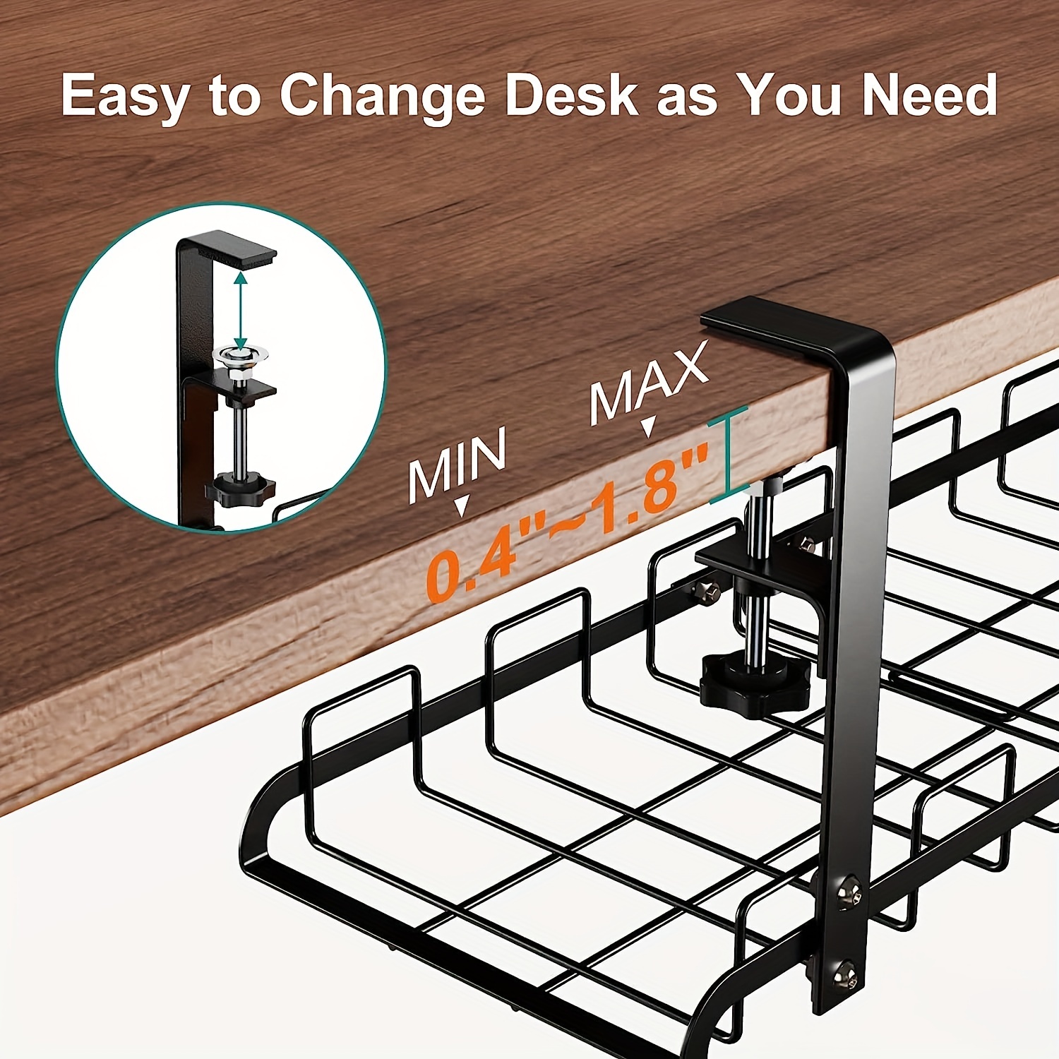 Under Desk Cable Management Tray, Upgraded Long Clamp, Inward Or Outward,  Cord Organizer for Desk, Desk Wire Management,Under Table Cable Management