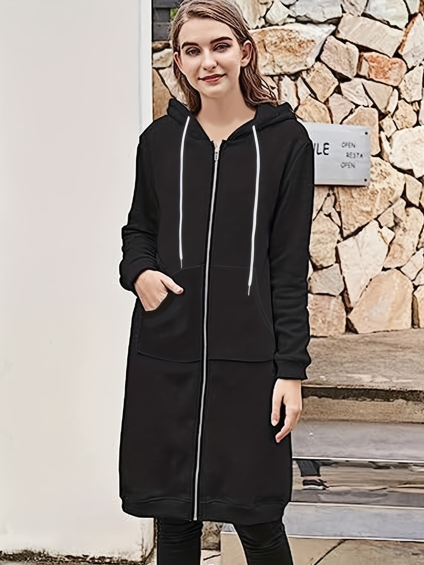 Long Length Open Front Coat Casual Long Sleeve Solid - Temu Canada