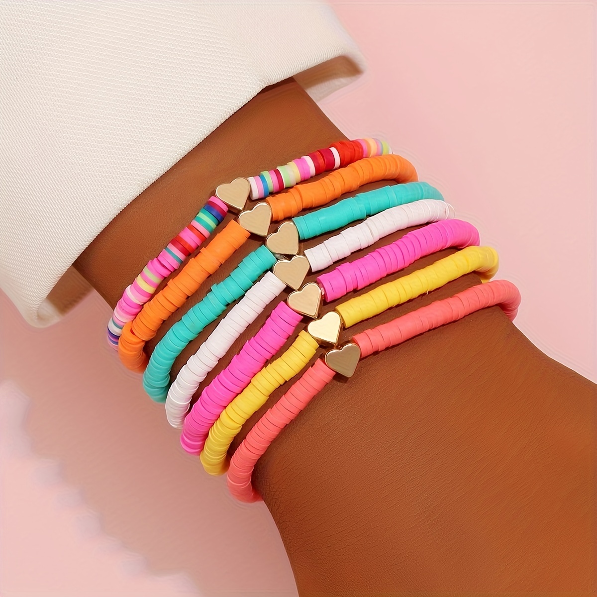 

7pcs Mini Love Heart Beads Beaded Bracelet Set With Colorful Soft Clay Beads Handmade Hand String Jewelry Set