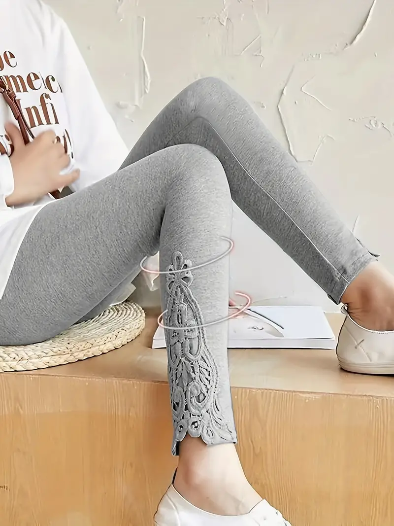 Floral Lace Panel Skinny Leggings Casual Every Day Stretchy - Temu Canada