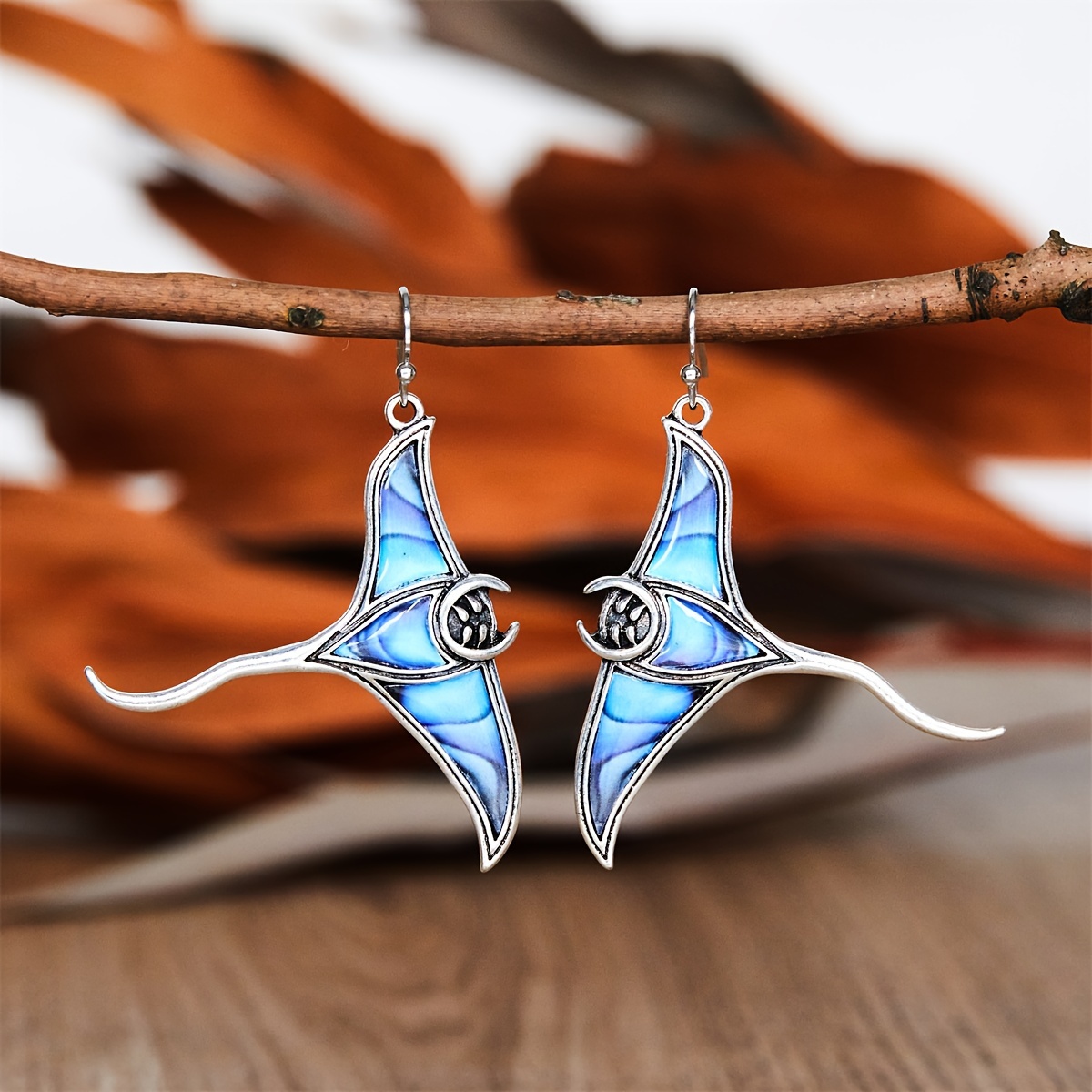 Silvery -shaped Blue Floral Pattern Pendant Earrings Bohemian Fashion Ear Jewelry Party Gift