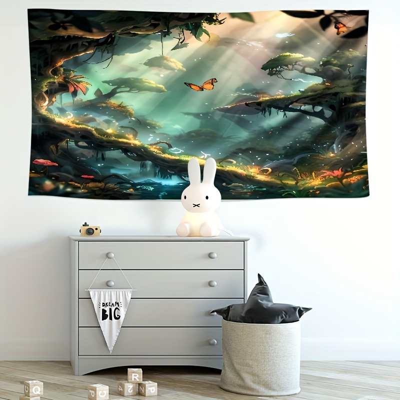   forest tapestry with flying   magical fantasy landscape   polyester   for nursery playroom decor details 10