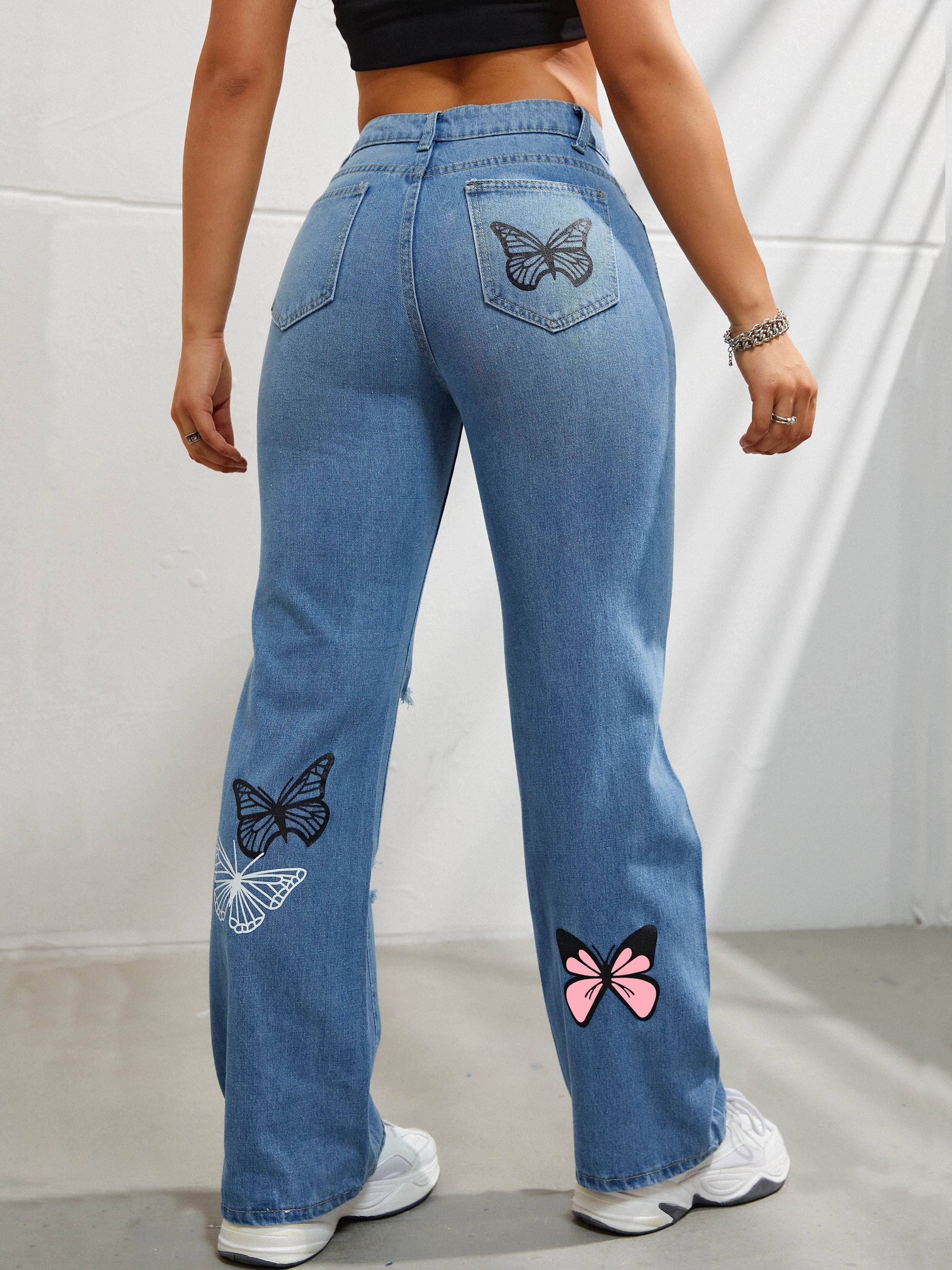 Plain Butterfly Print Straight Jeans, Ripped Holes Non-Stretch Street Style  Wide Legs Jeans, Women's Denim Jeans & Clothing