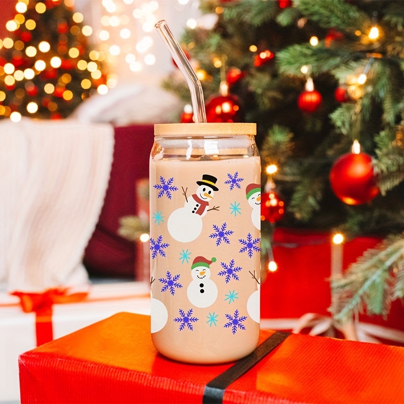 1pc, Christmas Snowman Drinking Glass With Lid And Straw, 500ml/16.9oz Can  Shaped Water Cup, Blue Snowflake Iced Coffee Cup, For Beer, Juice, Milk, Bi