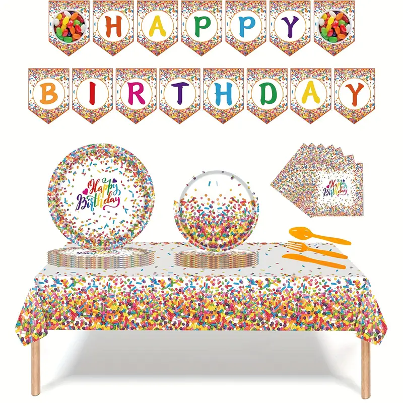 Tablecloth, Confetti Sprinkles Plates, Thick Paper Plates Party