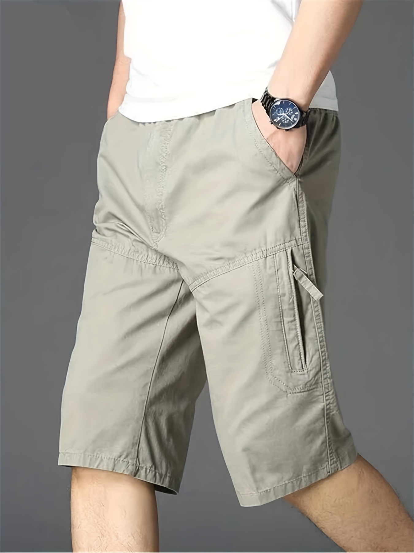 Straight Leg Pocket Solid Cargo Shorts Straight Leg, Men's Cotton Loose Zip Fishing Running Summer Mens Clothing Casual Pants For Outdoor