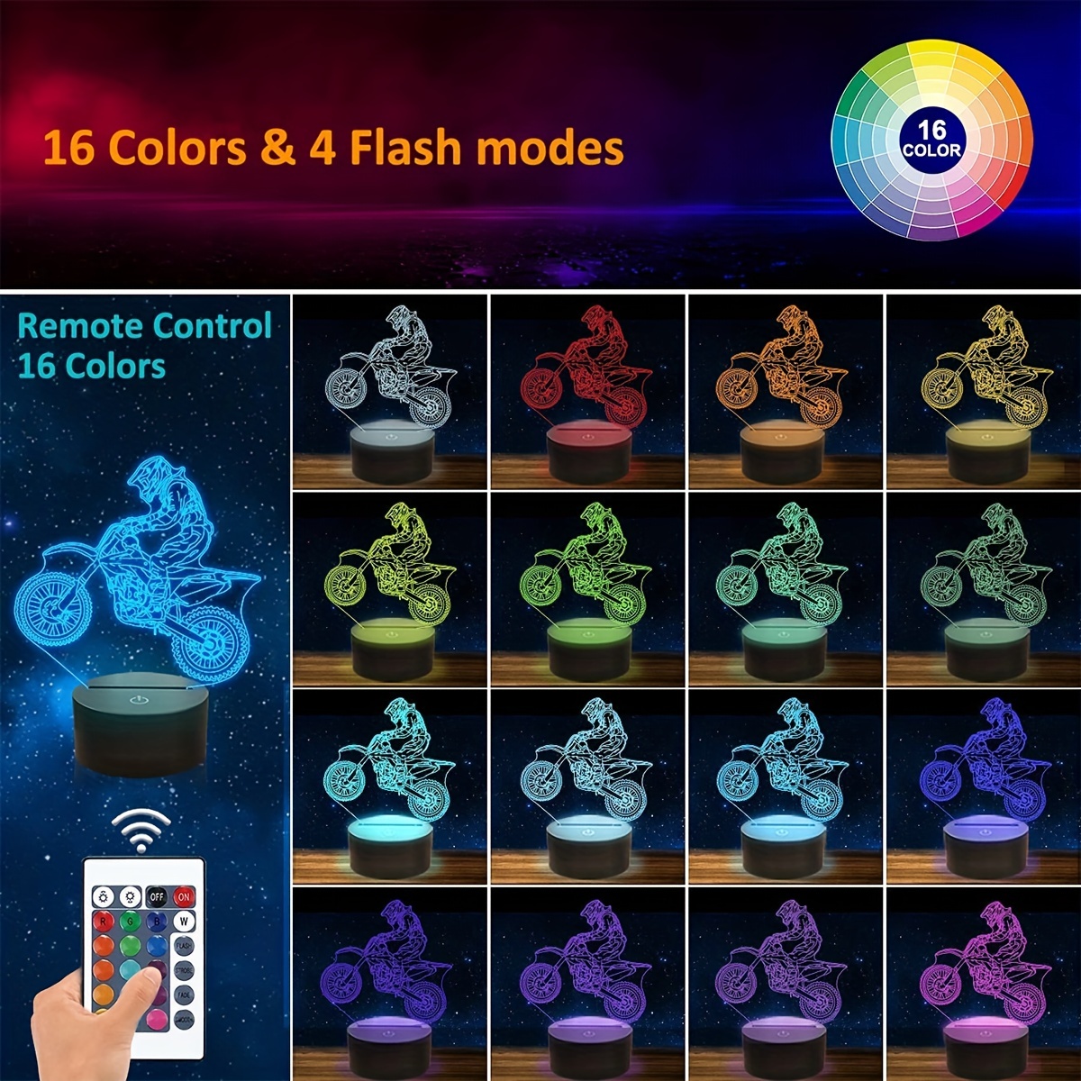 TD® Lampe 3D LED Forme de Moto et Homme/7 Changement couleur Interrupt –