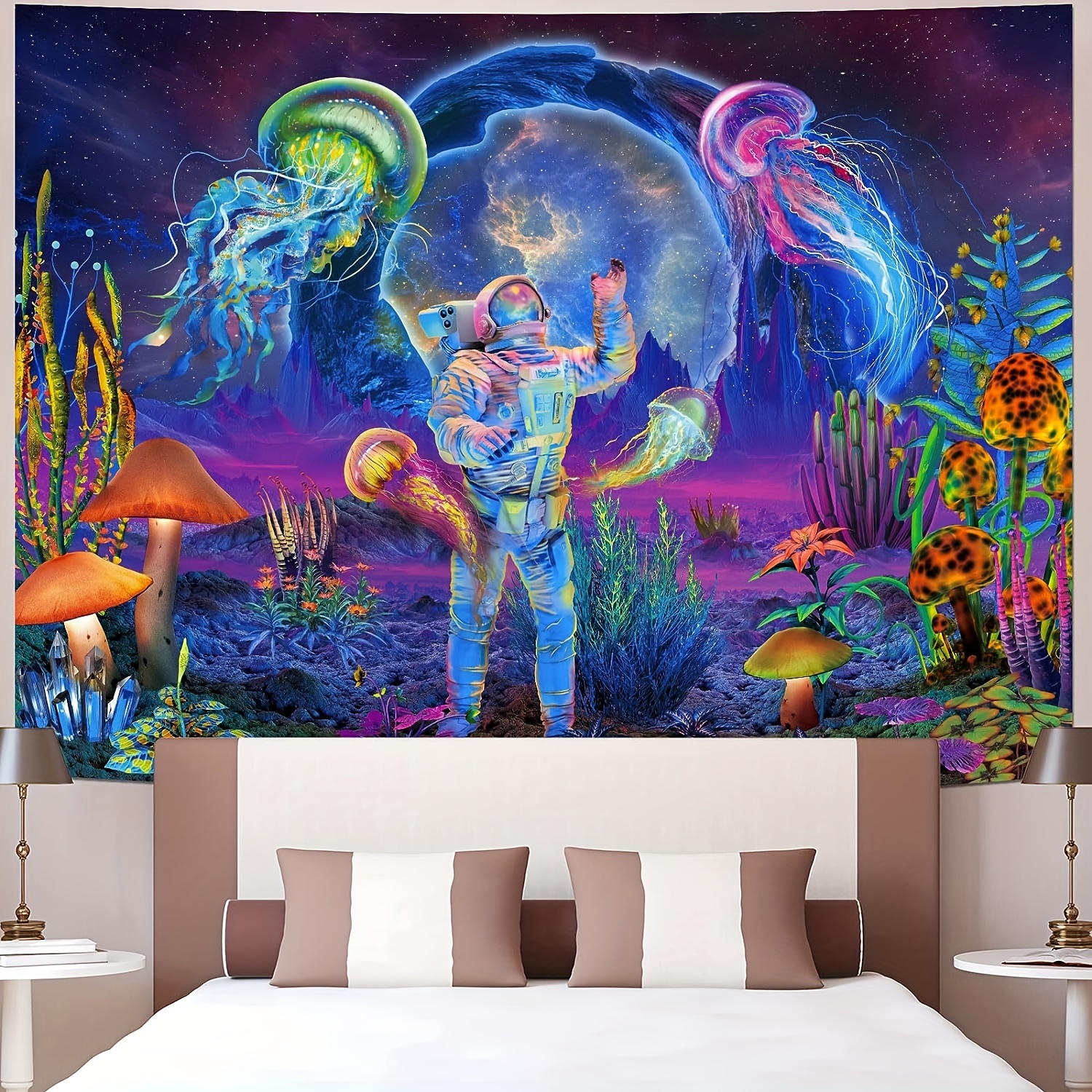 Blacklight Astronaut Tapestry Uv Reactive Plants Jellyfish Temu