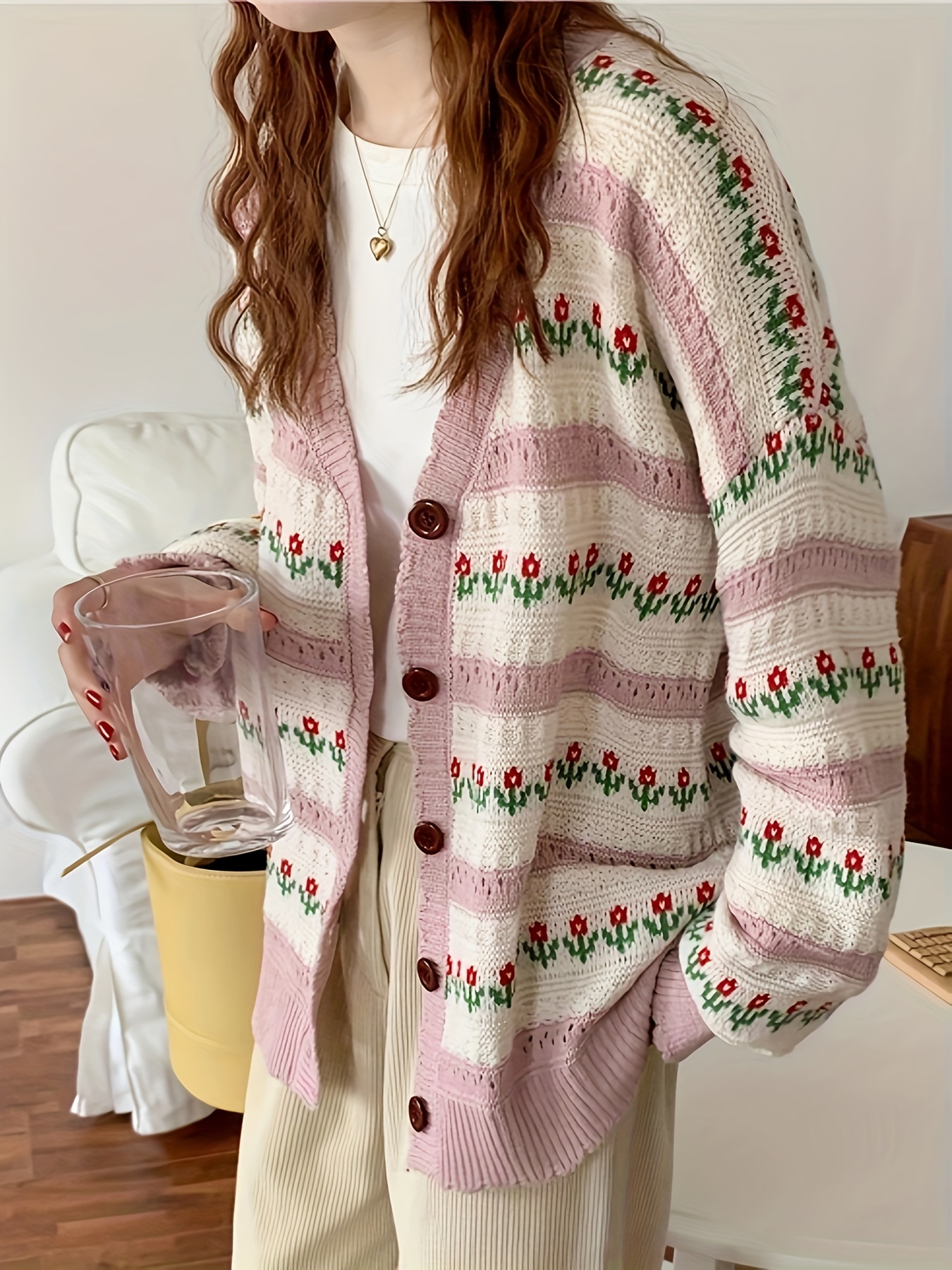 Floral Pattern Button Pointelle Knit Cardigan Casual Long - Temu