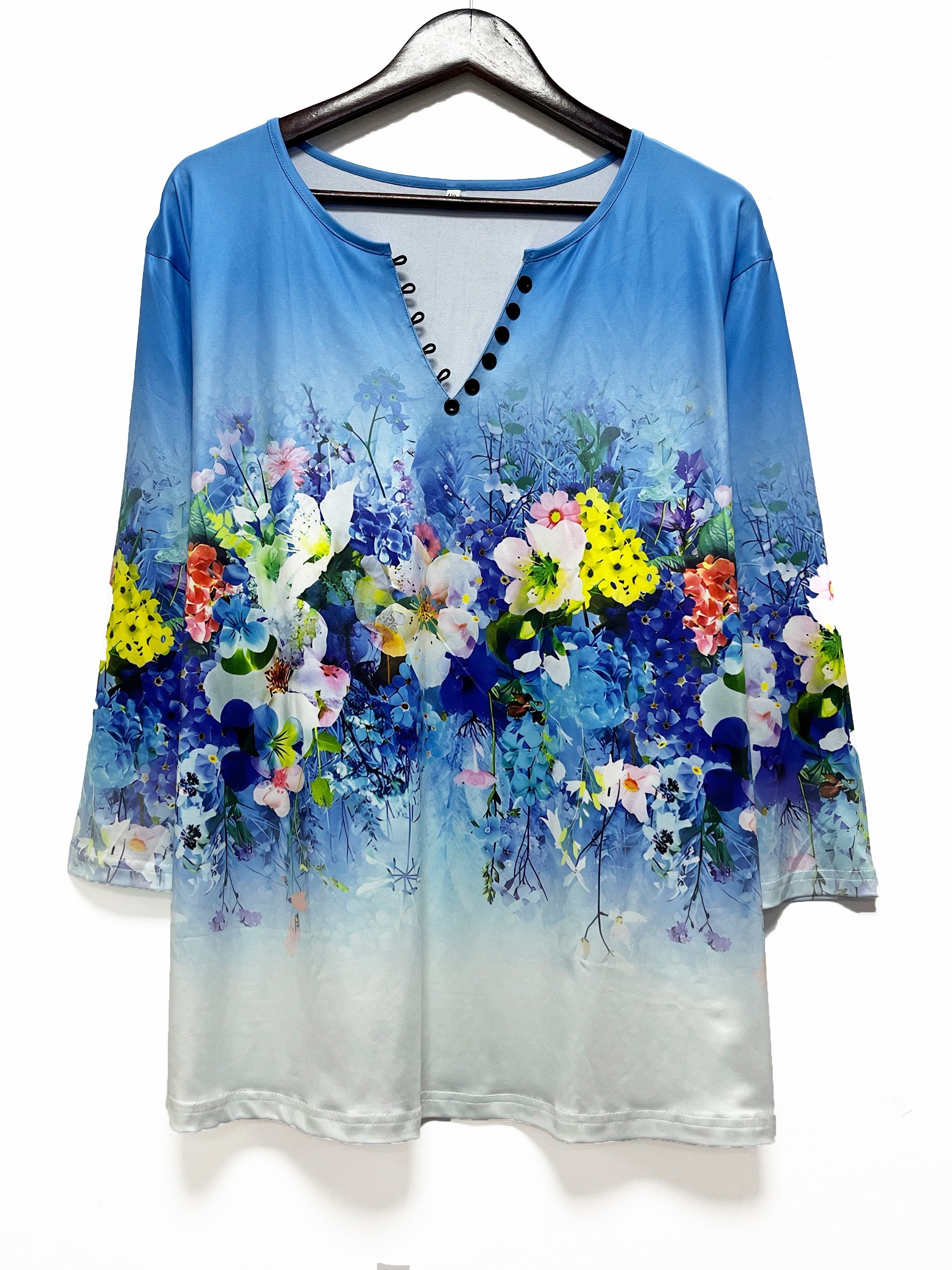 Floral Print Button Front T-Shirt, Casual Three-quarter Sleeve Top For ...