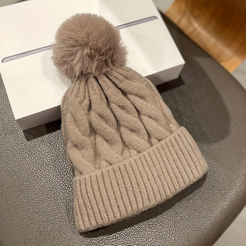 Solid Twisted Beanie Hat with Pom Poms, Fashionable Chunky Soft Warm Cable Knit Hat,Temu