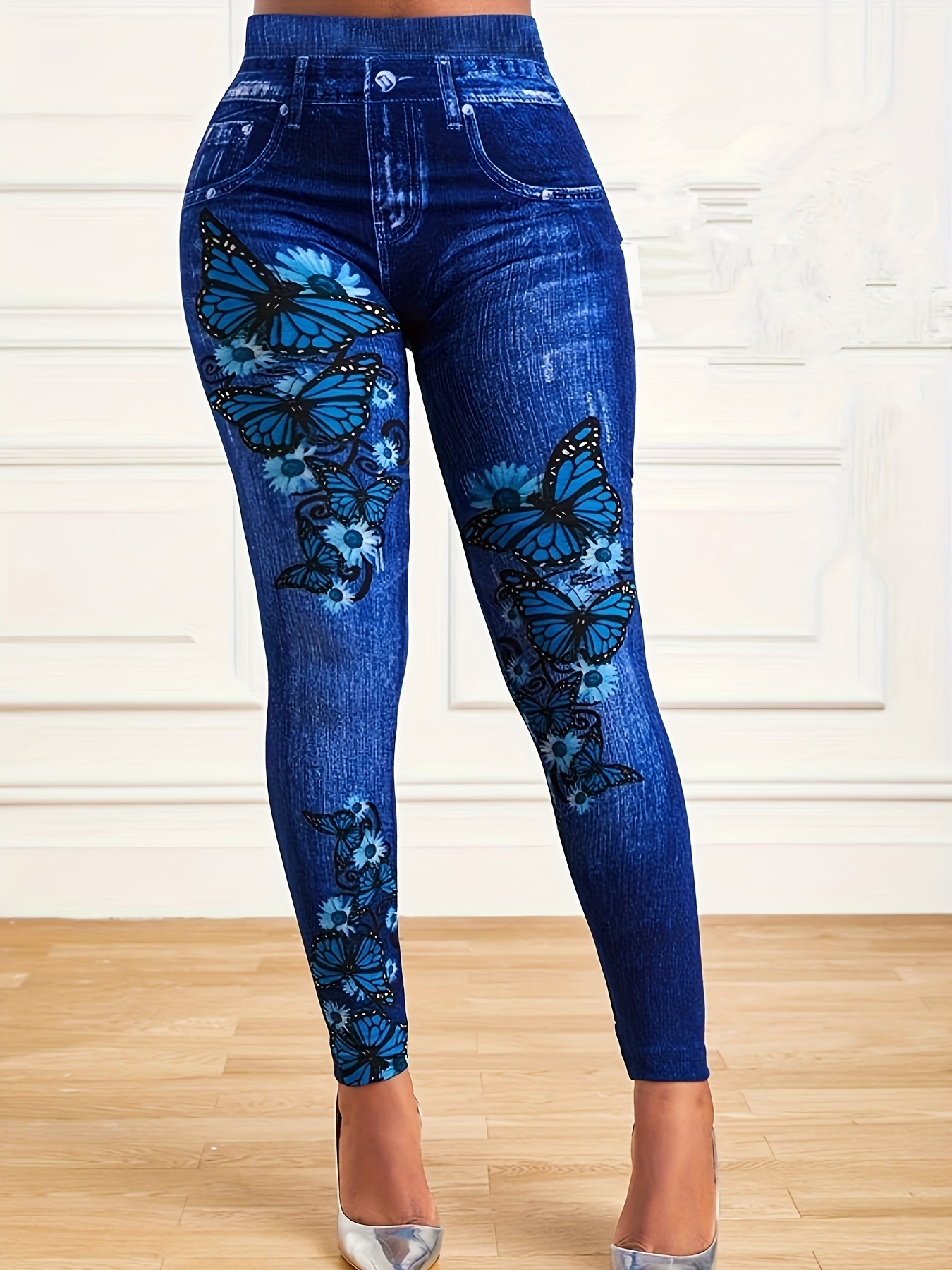 VOWUA Jean Leggings for Women Plus Size Butterfly Printed Denim High  Waisted Yoga Pants Stretch Jean Look Jeggings Tights, Black, Large at   Women's Clothing store