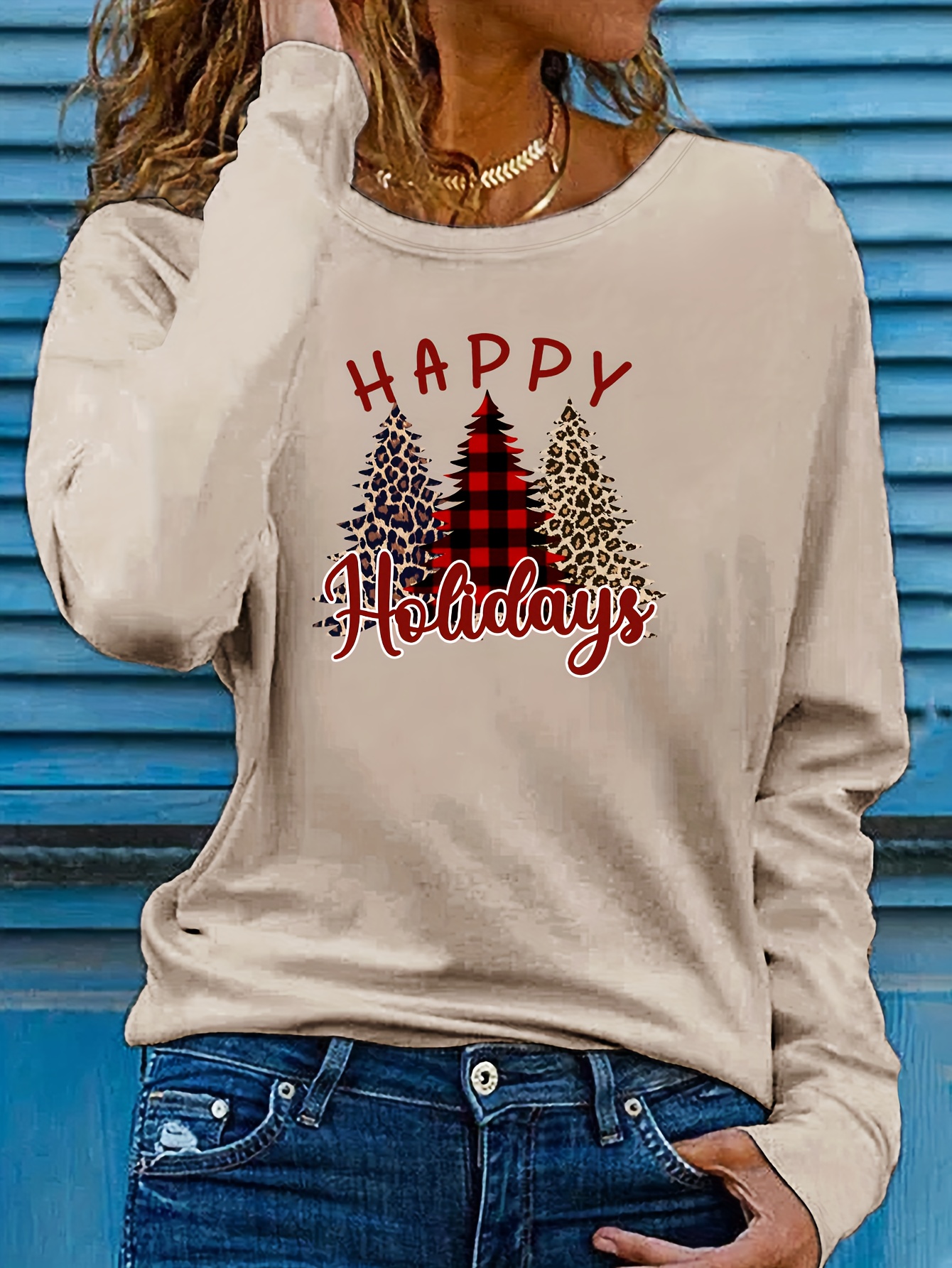 Christmas Shirts for Women Women's Long Sleeved Round Neck Merry Christmas  Printed Pullover Sweater Top Tee Shirt